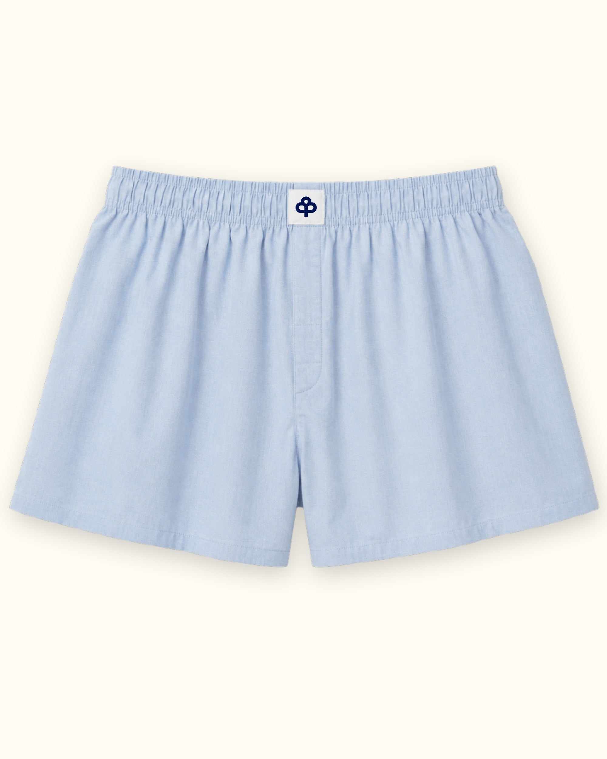 Shorts boxer in cotone azzurri, vista frontale, con vita e linea della gamba