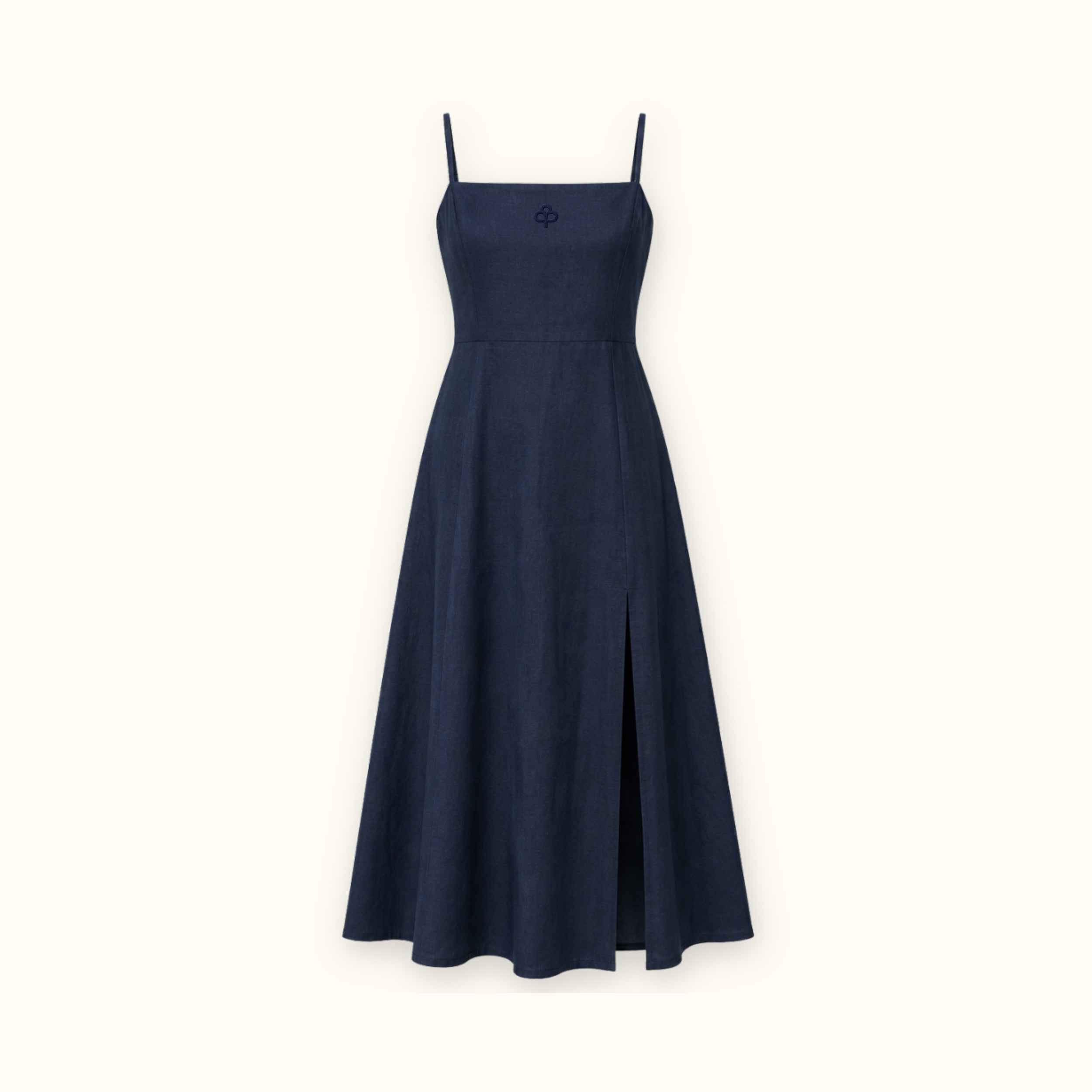 Vestito midi in lino blu navy, vista frontale, con scollo e silhouette del vestito