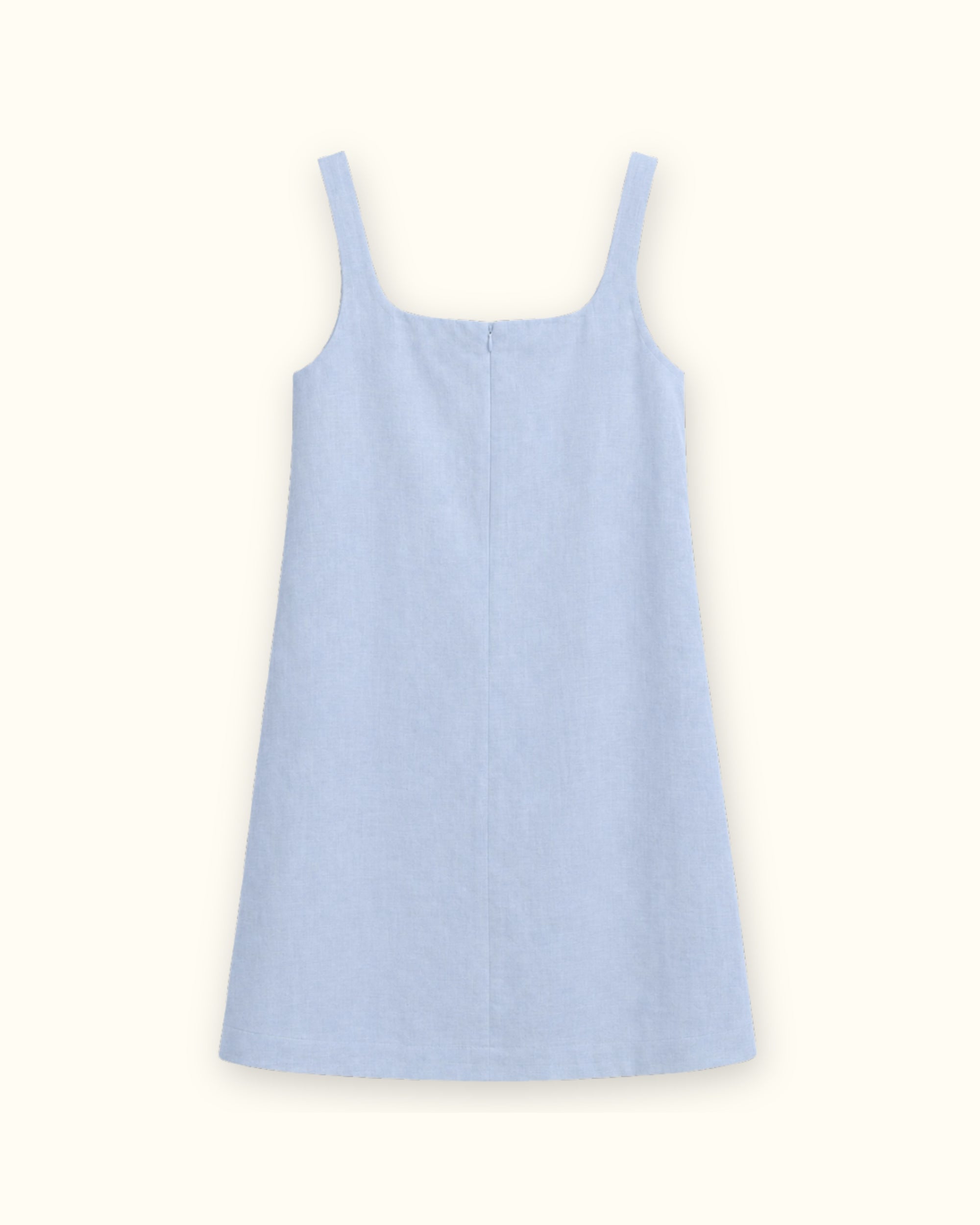 Vestito mini in lino azzurro, vista posteriore, con scollo e silhouette del vestito