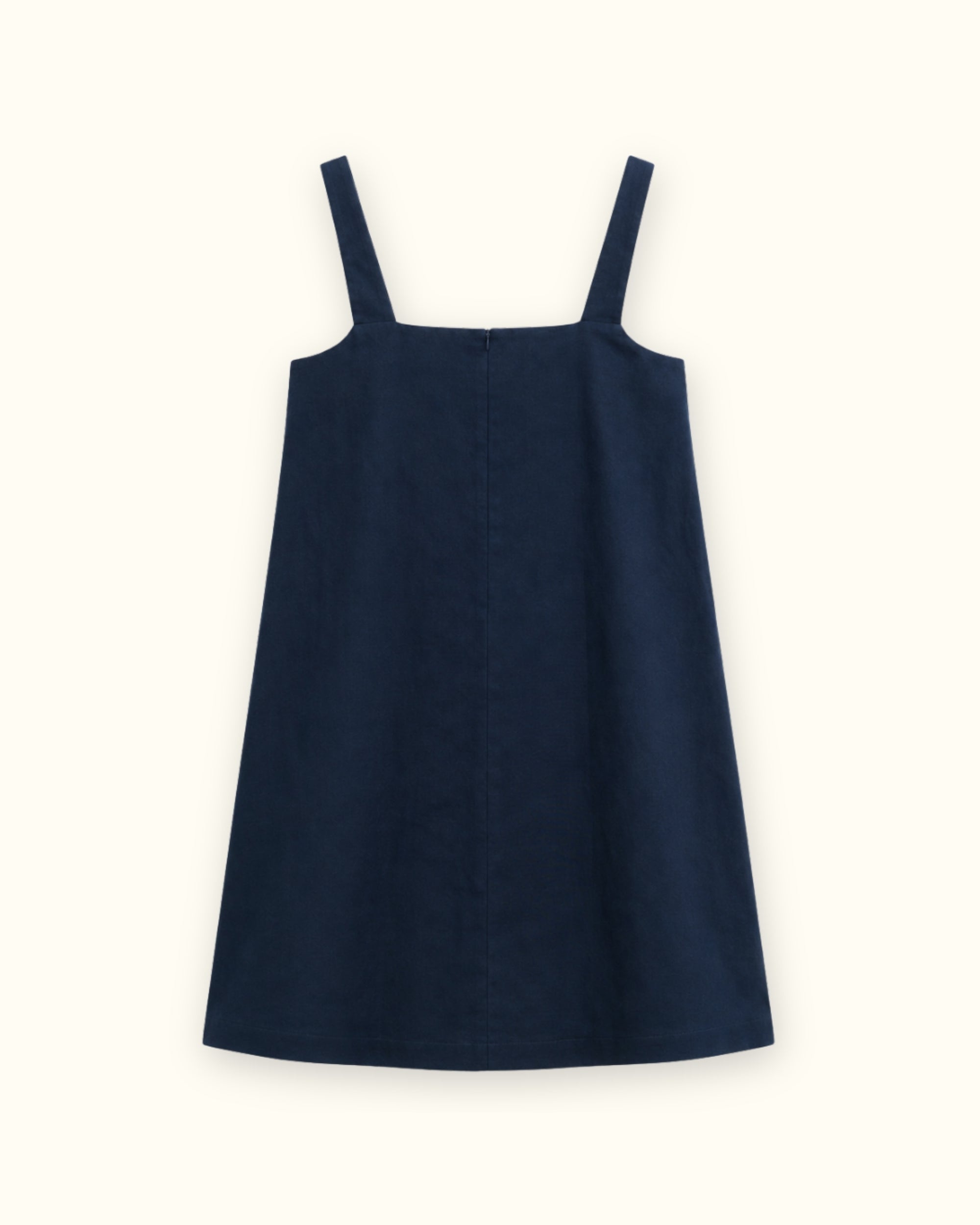 Vestito mini in lino blu navy, vista posteriore, con scollo e silhouette del vestito