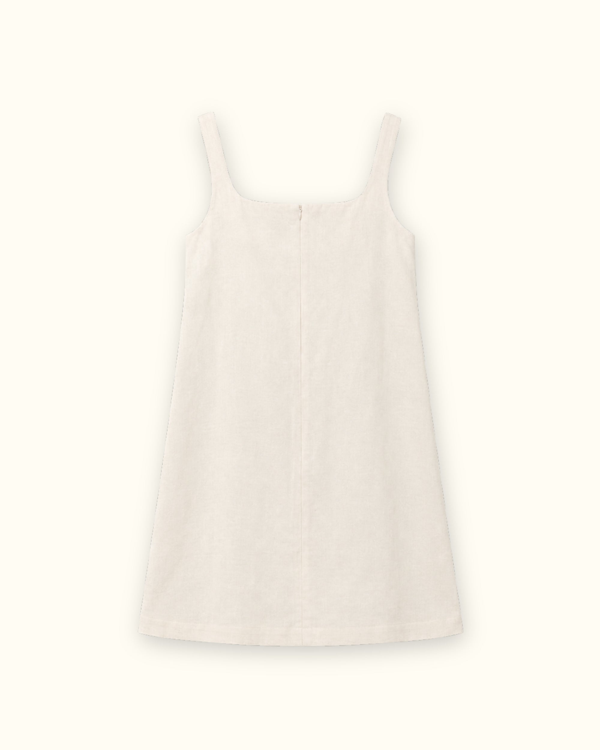 Vestito mini in lino Off White, vista posteriore, con scollo e silhouette del vestito