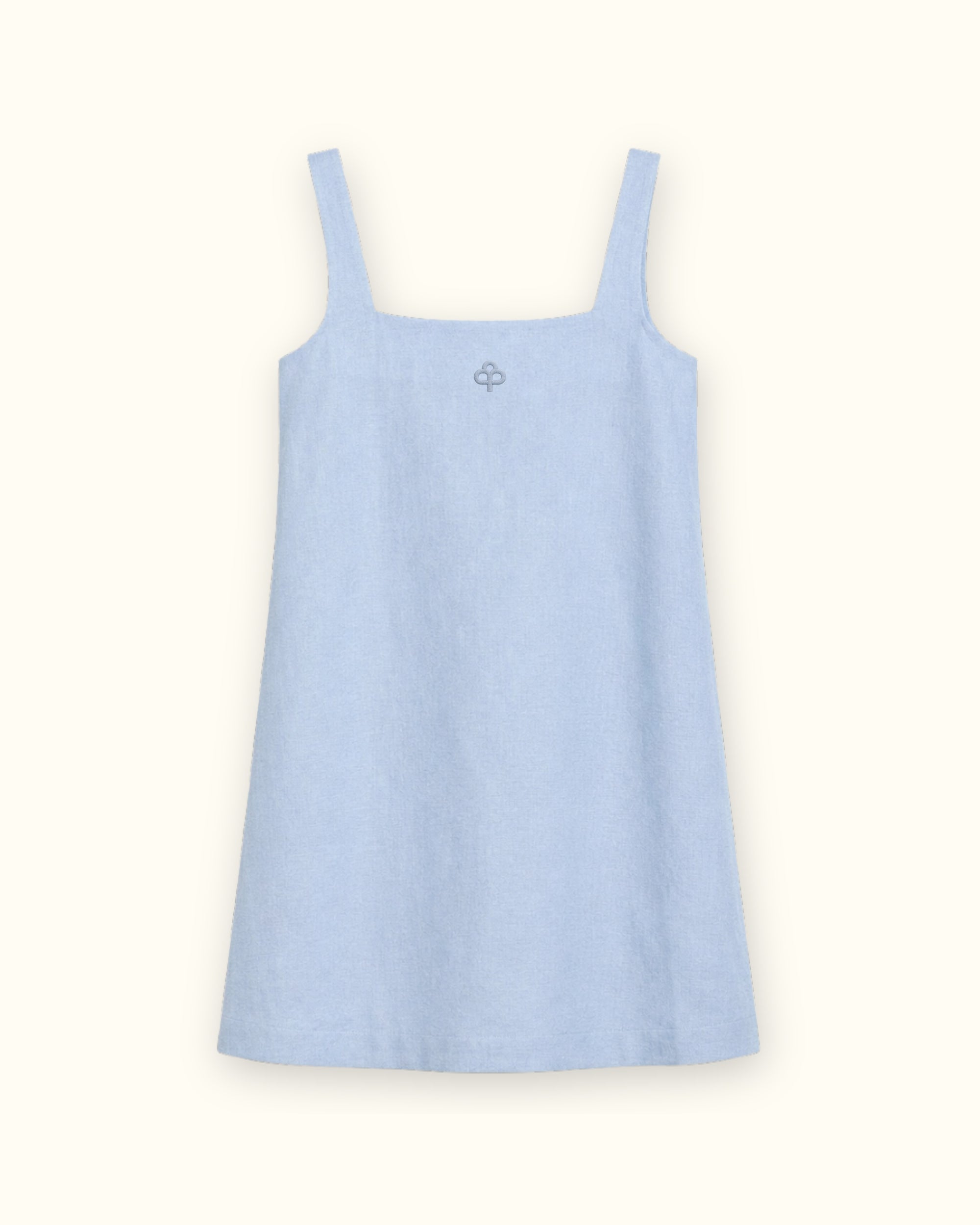 Vestito mini in lino azzurro, vista frontale, con scollo e silhouette del vestito