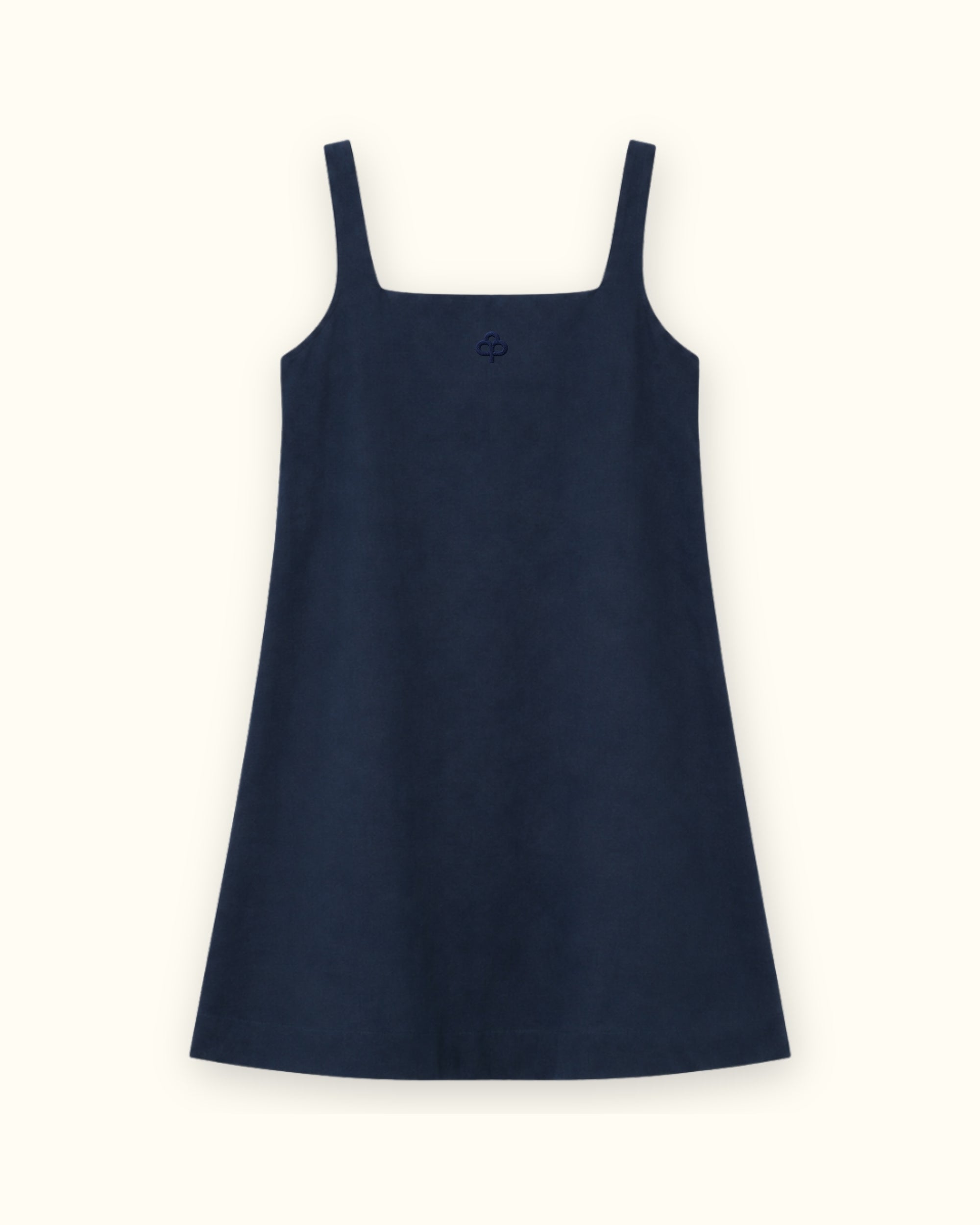 Vestito mini in lino blu navy, vista frontale, con scollo e silhouette del vestito