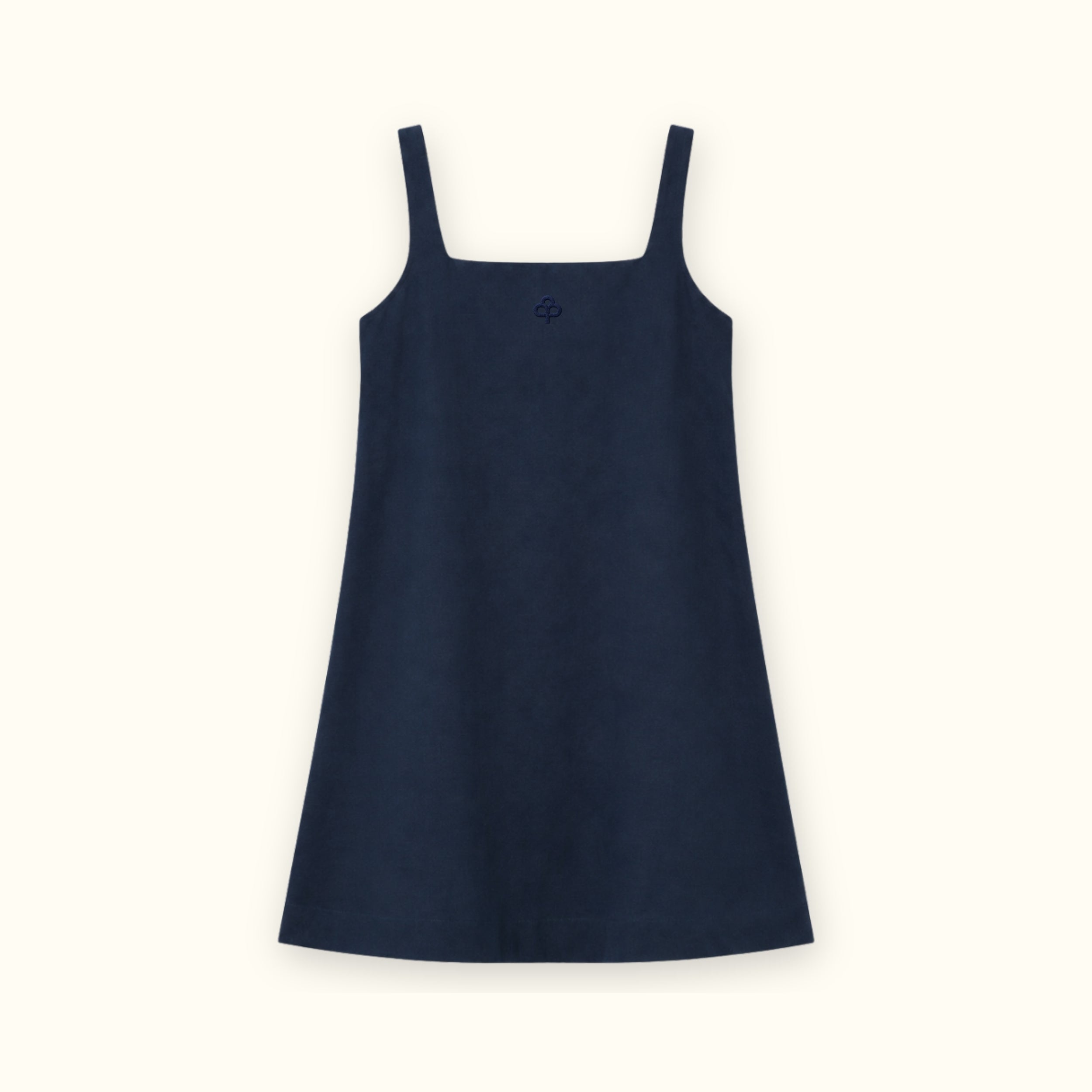Mini-Leinenkleid in Marineblau, Vorderansicht, mit Ausschnitt und Kleidersilhouette