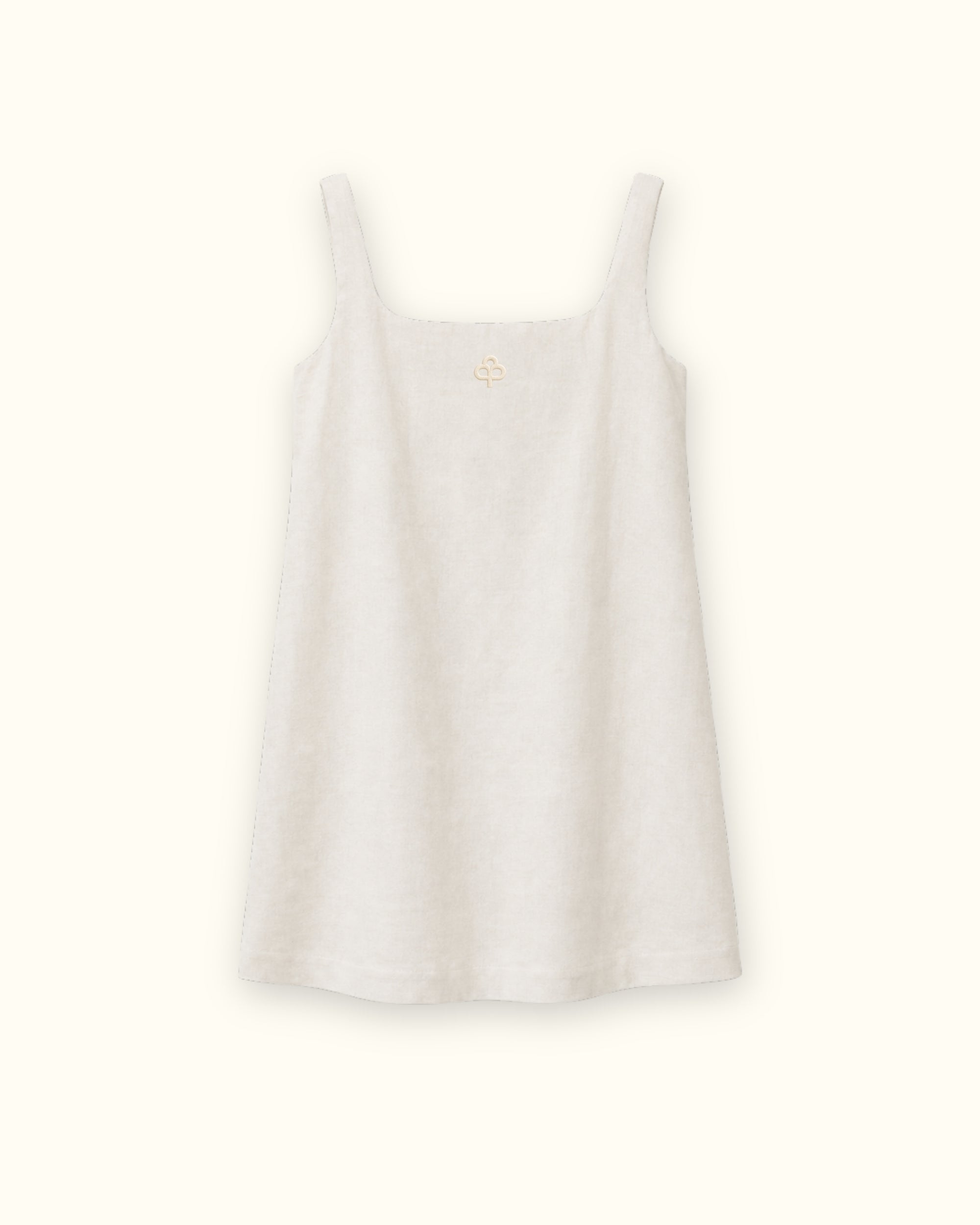 Vestito mini in lino Off White, vista frontale, con scollo e silhouette del vestito