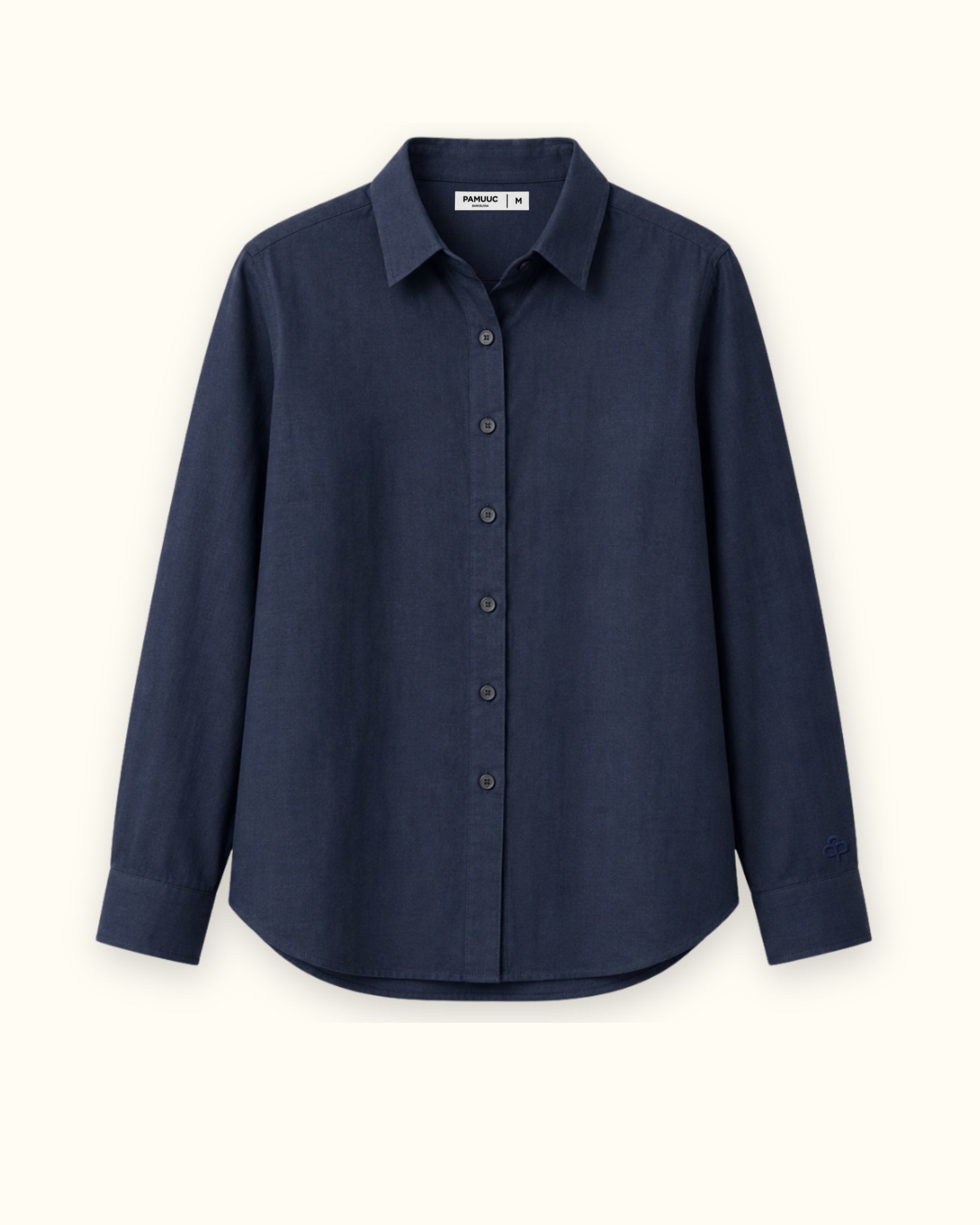 Regular Fit Linen Shirt in Navy Blue, front view, showing collar, hem and relaxed tailoring