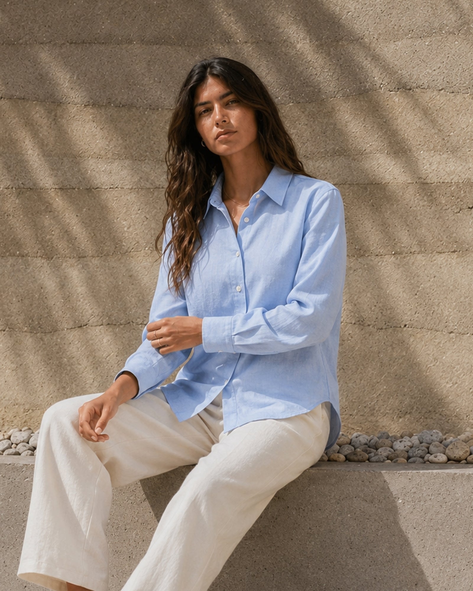 Regular Fit Linen Shirt in Light Blue, lifestyle view 1, showing collar, hem and relaxed tailoring