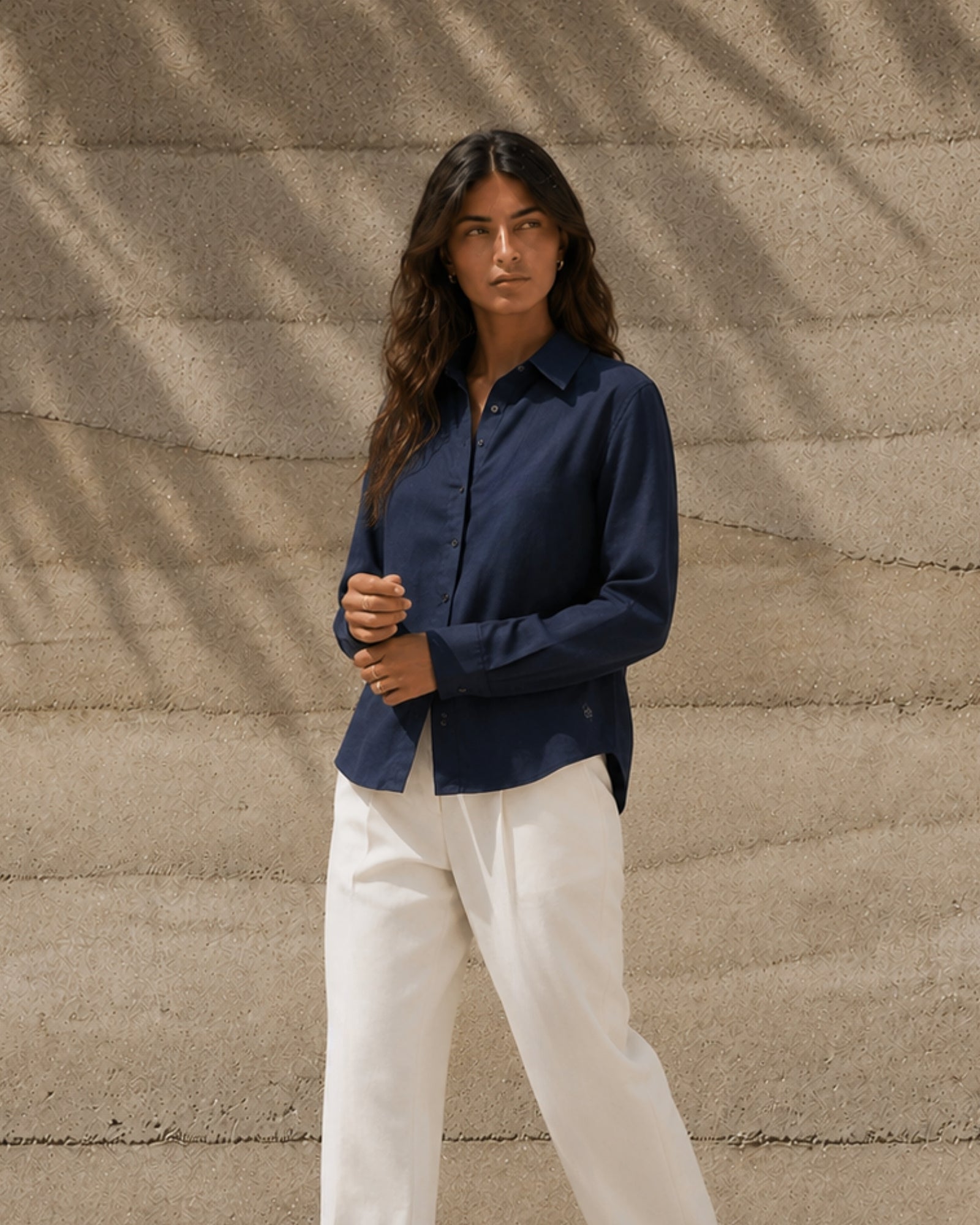 Regular Fit Linen Shirt in Navy Blue, lifestyle view 2, showing collar, hem and relaxed tailoring