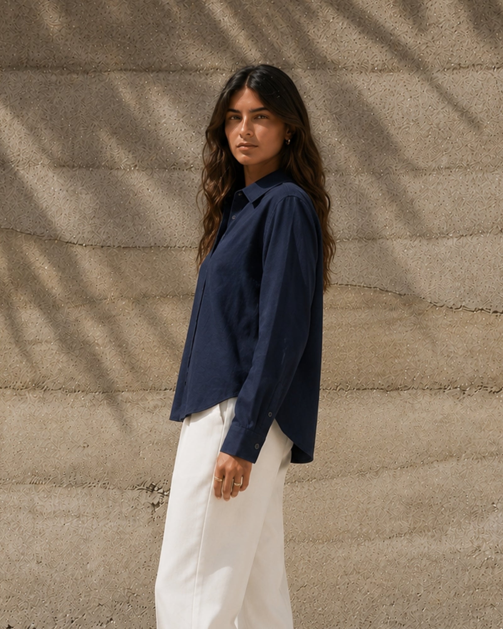 Regular Fit Linen Shirt in Navy Blue, lifestyle view 3, showing collar, hem and relaxed tailoring