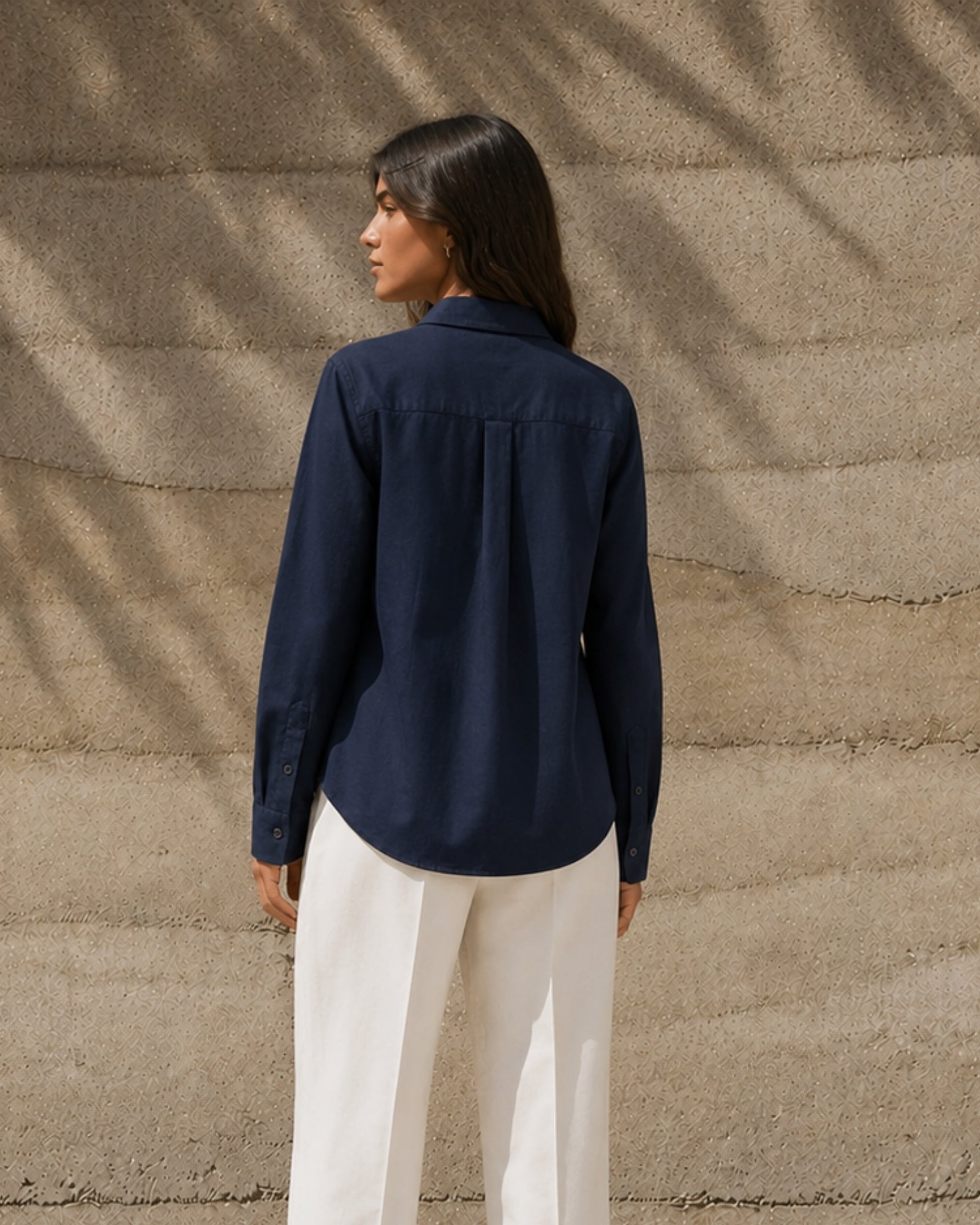 Regular Fit Linen Shirt in Navy Blue, lifestyle view 4, showing collar, hem and relaxed tailoring