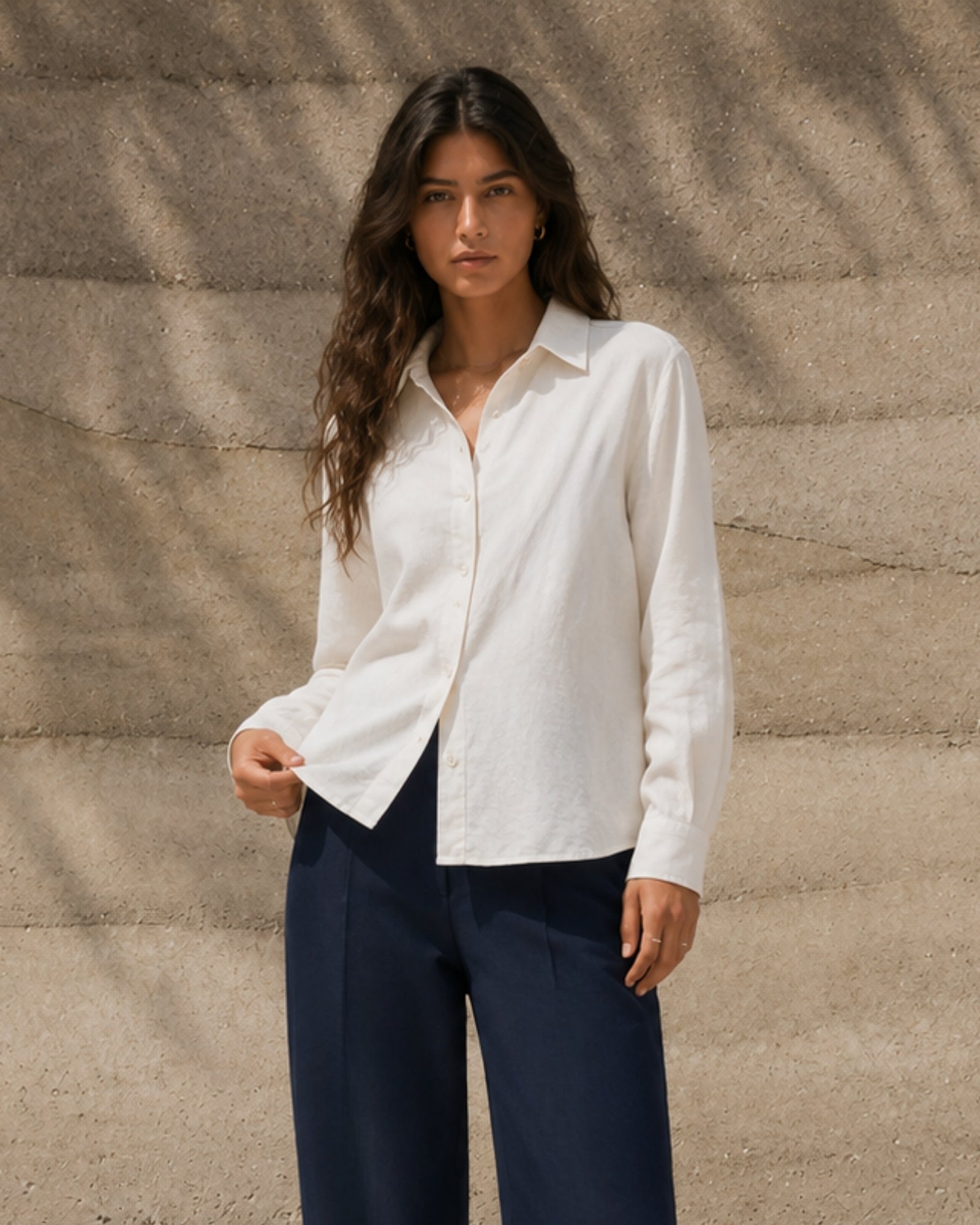 Regular Fit Linen Shirt in Off White, lifestyle view 1, showing collar, hem and relaxed tailoring