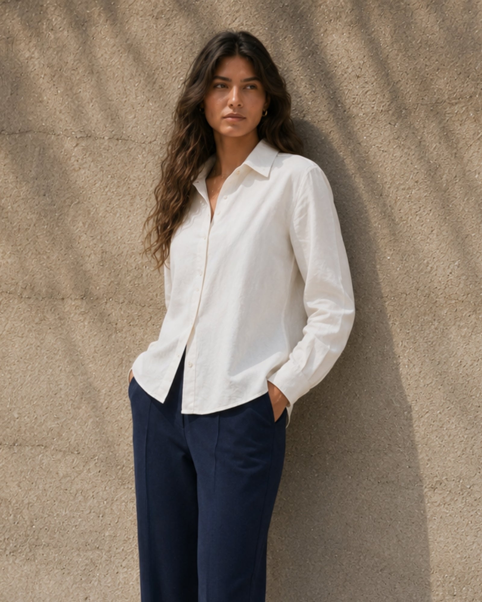Regular Fit Linen Shirt in Off White, lifestyle view 2, showing collar, hem and relaxed tailoring