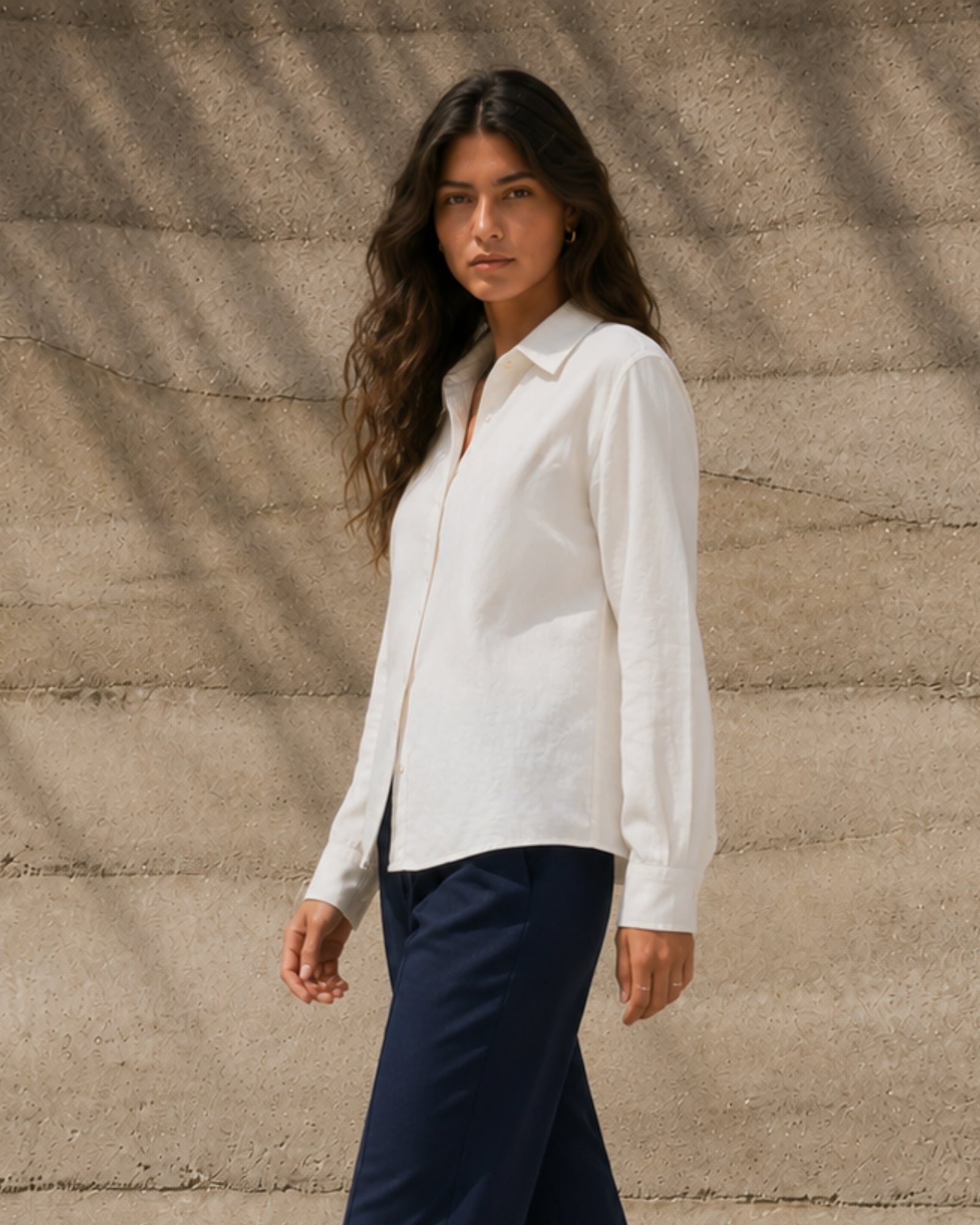 Regular Fit Linen Shirt in Off White, lifestyle view 3, showing collar, hem and relaxed tailoring