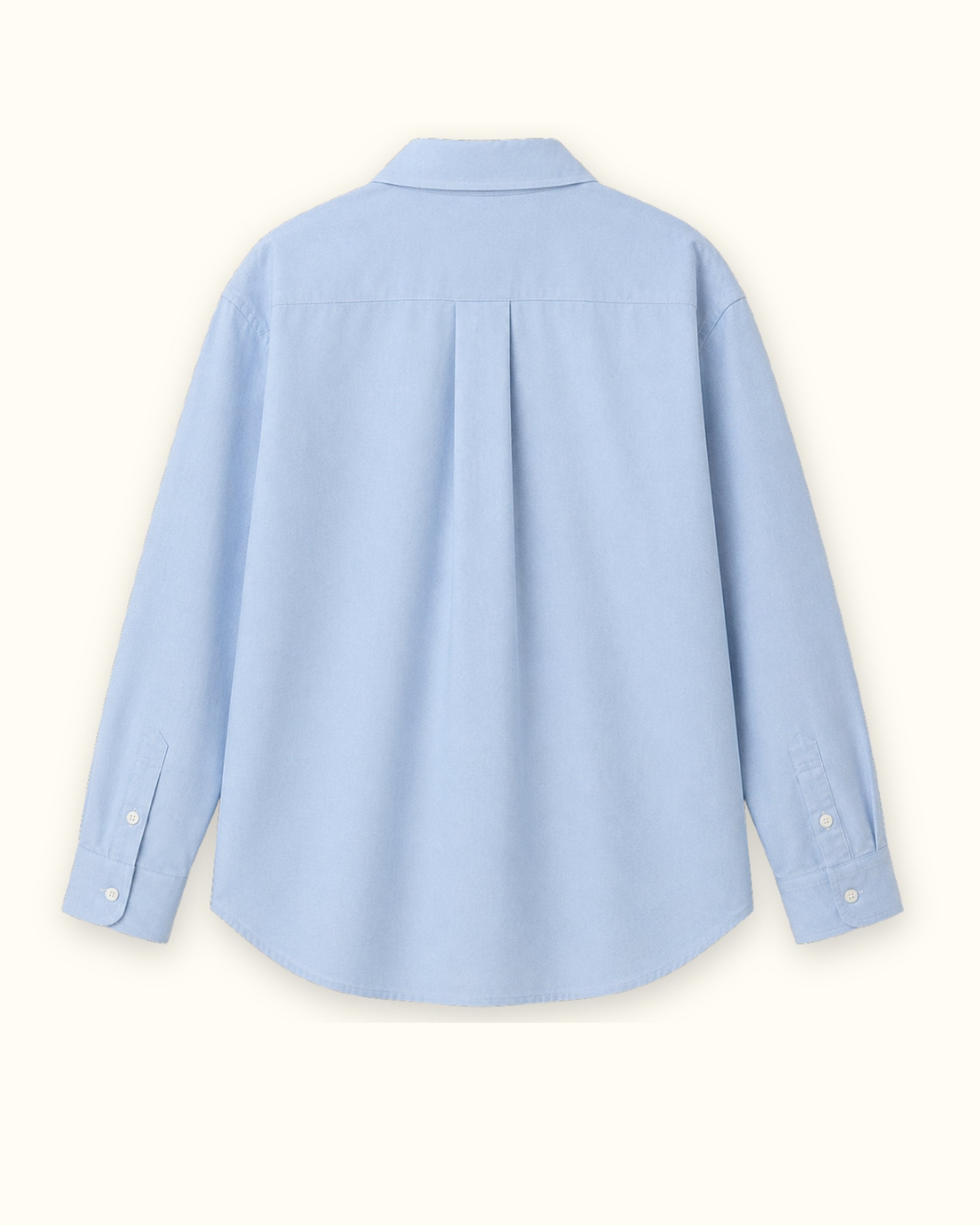Camicia Oxford medium fit azzurra, vista posteriore, con colletto, fondo e taglio rilassato