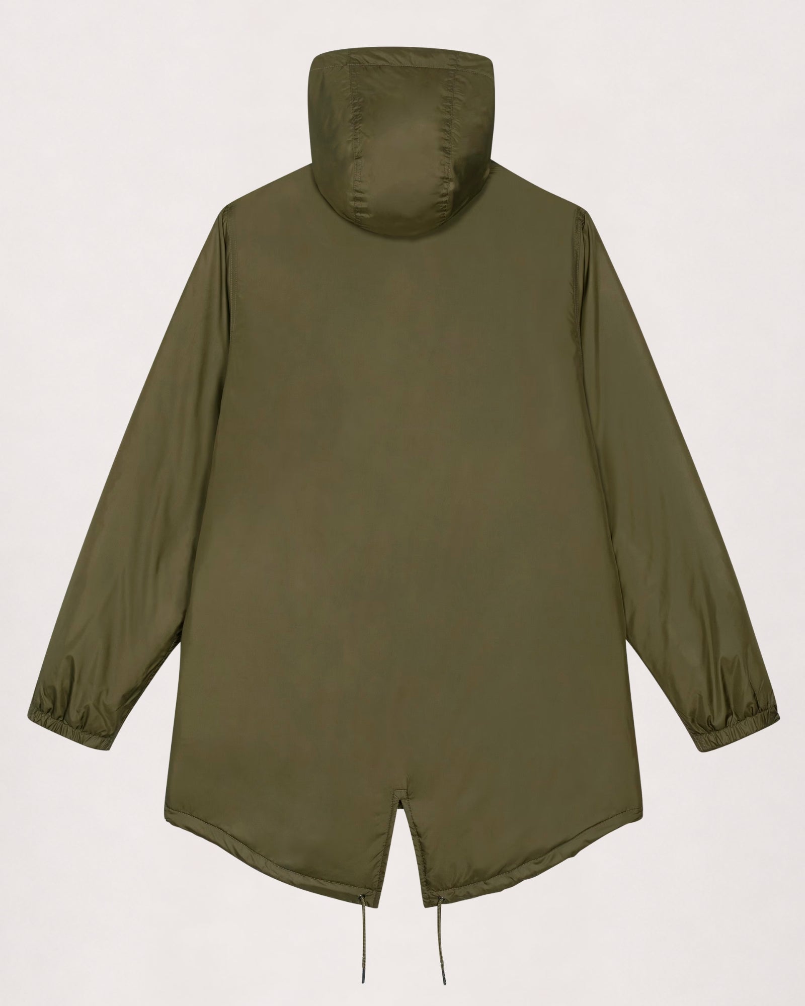 Padded parka in khaki, flat lay back view with fishtail hem and drawcord