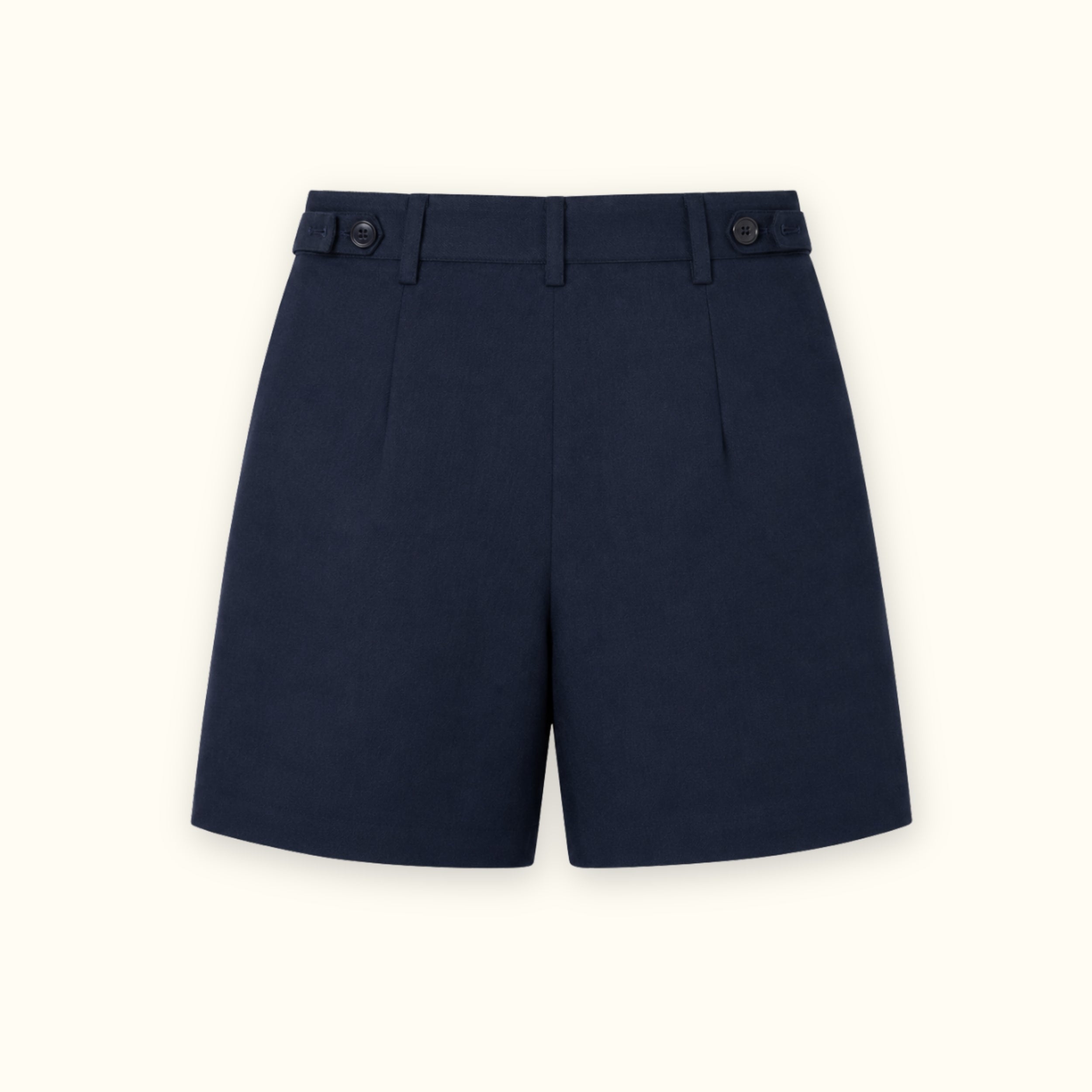 Tailored Linen Shorts in Navy Blue, back view, showing waistband and leg shape