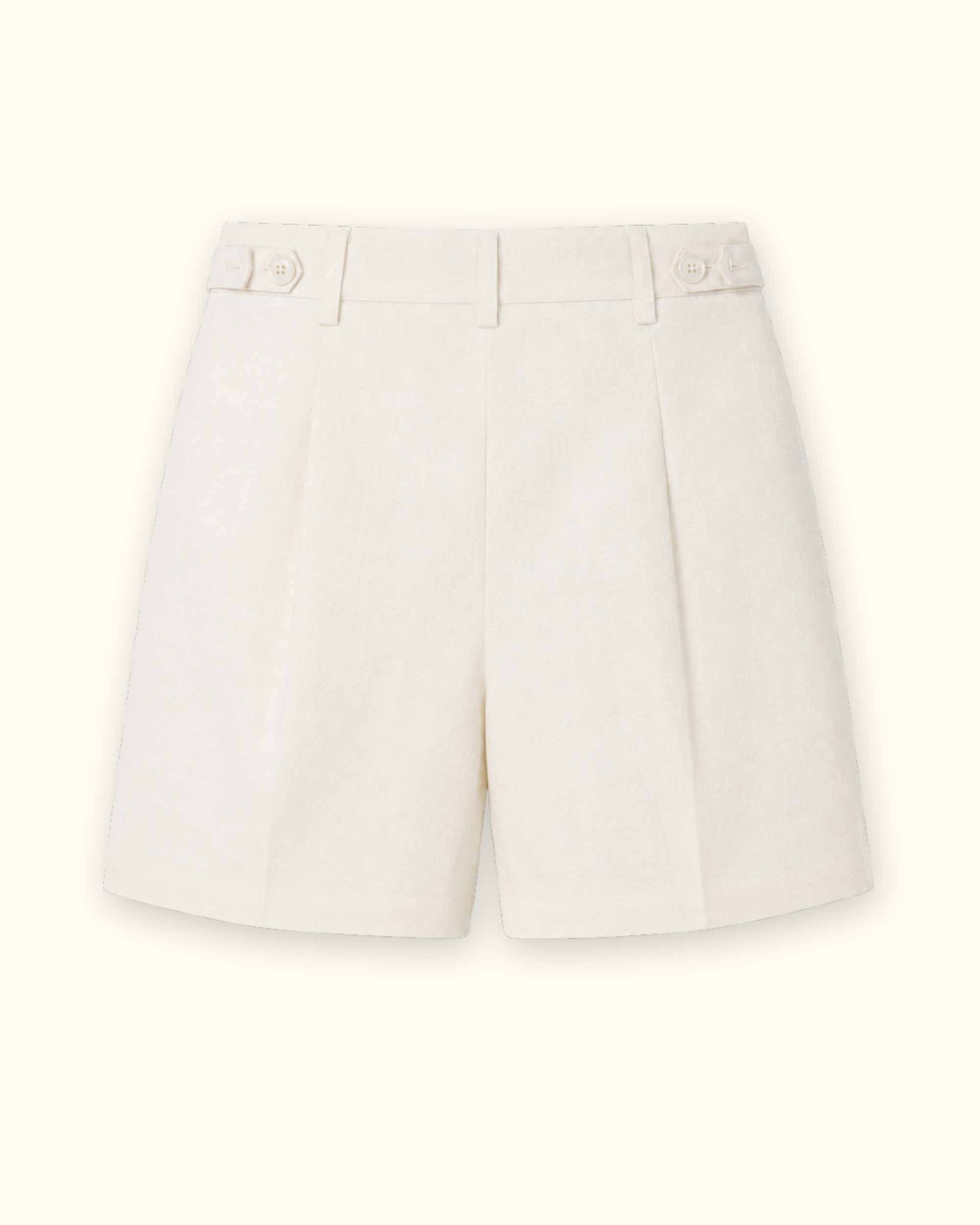 Shorts sartoriali in lino Off White, vista posteriore, con vita e linea della gamba