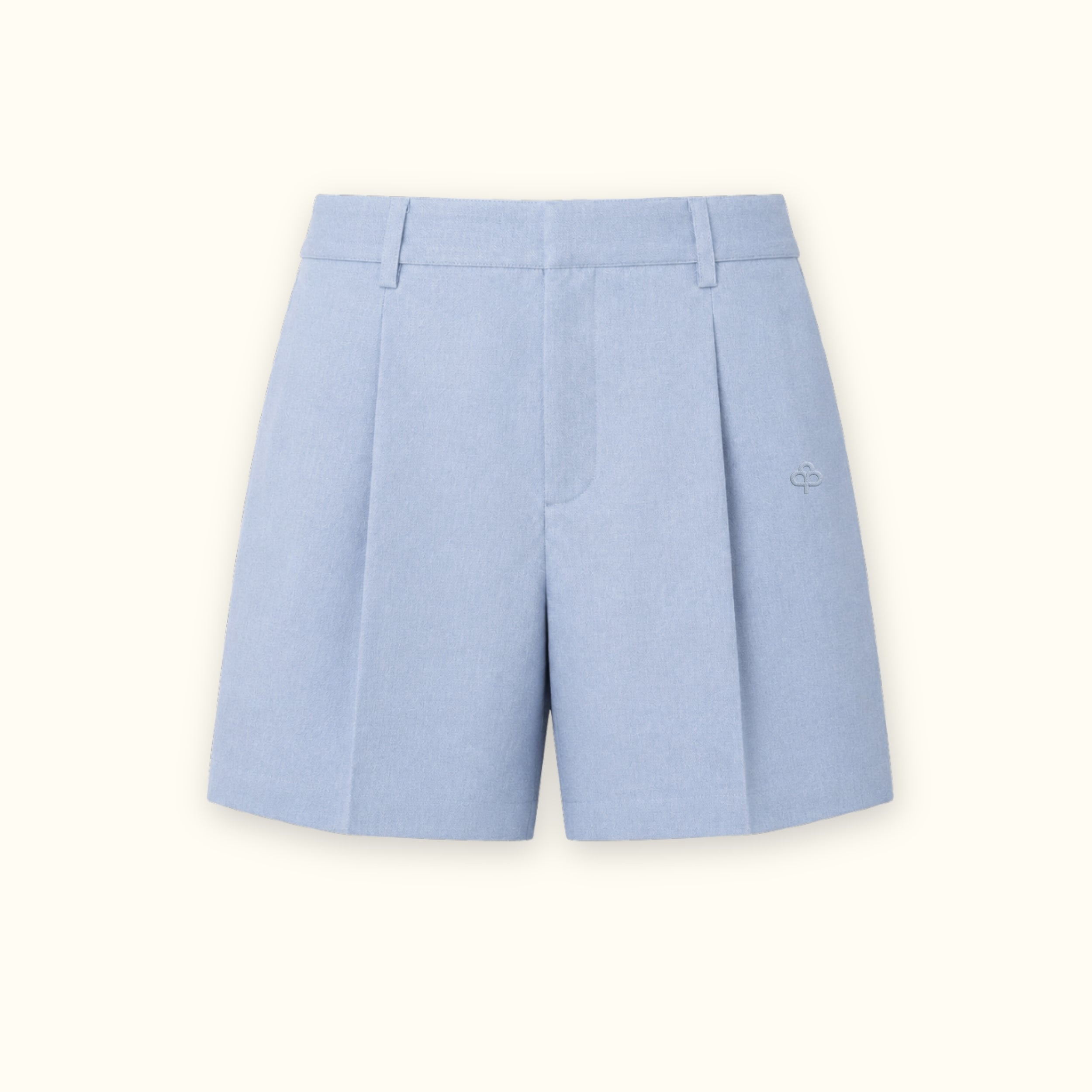 Tailored Linen Shorts in Light Blue, front view, showing waistband and leg shape