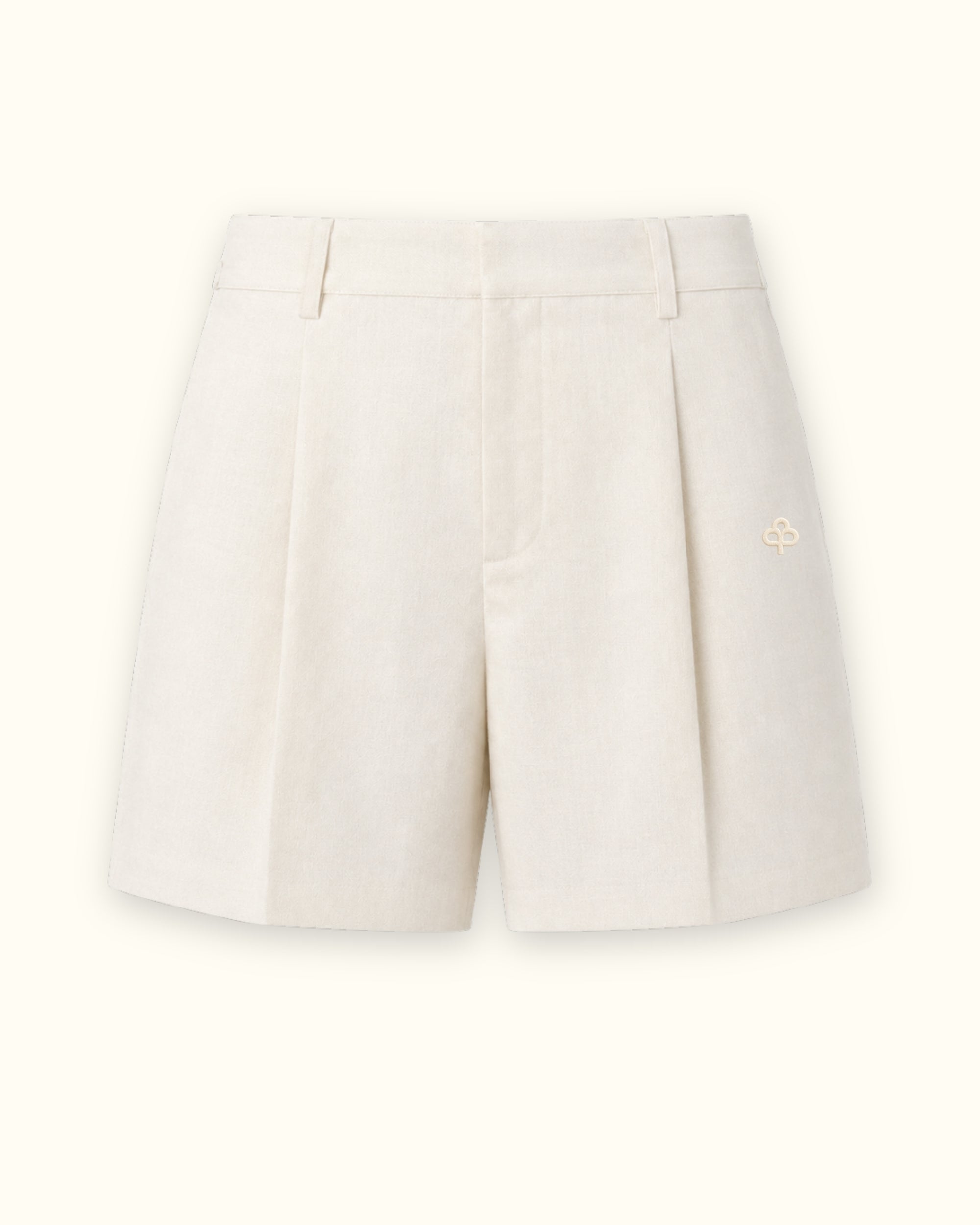Shorts sartoriali in lino Off White, vista frontale, con vita e linea della gamba