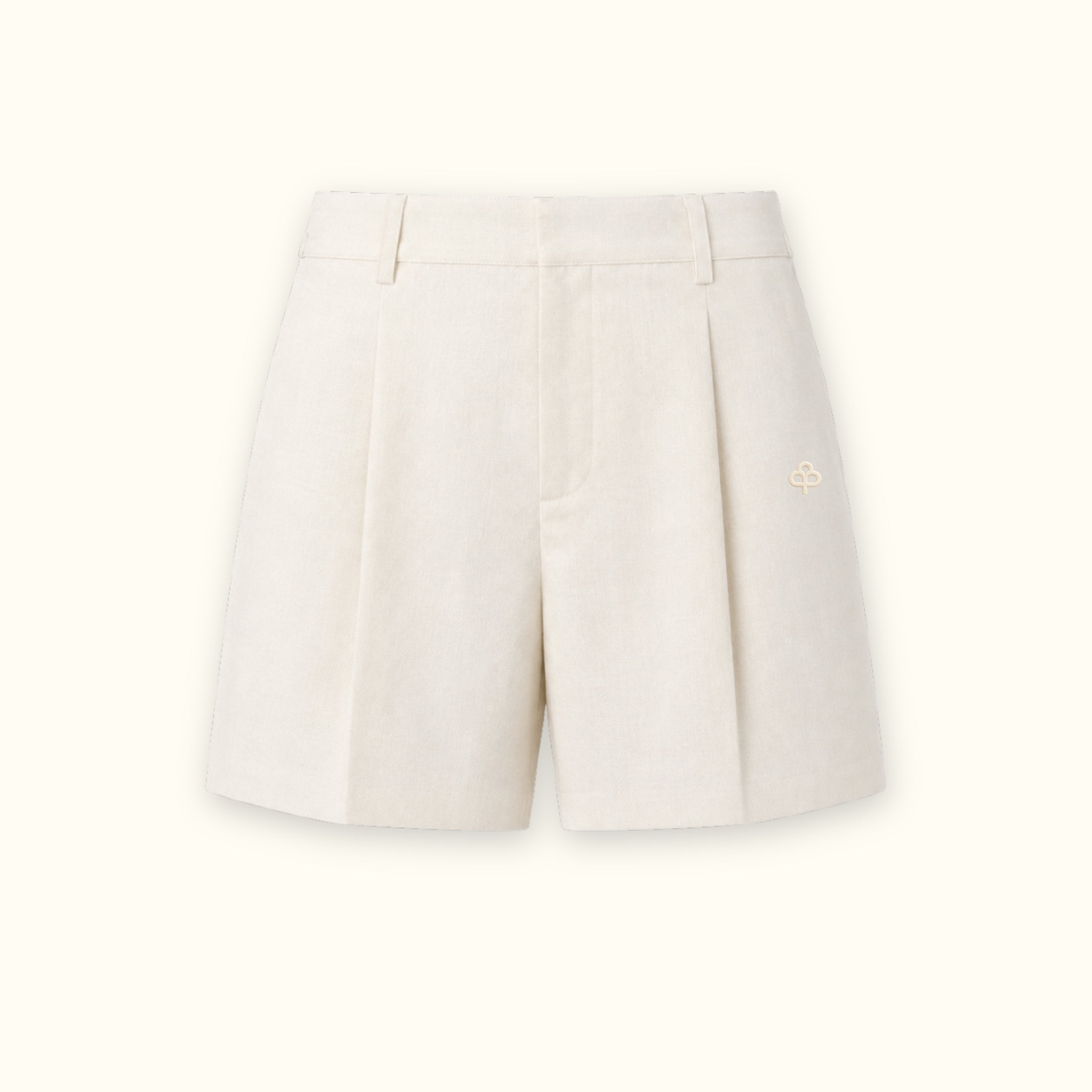 Tailored Linen Shorts in Off White, front view, showing waistband and leg shape