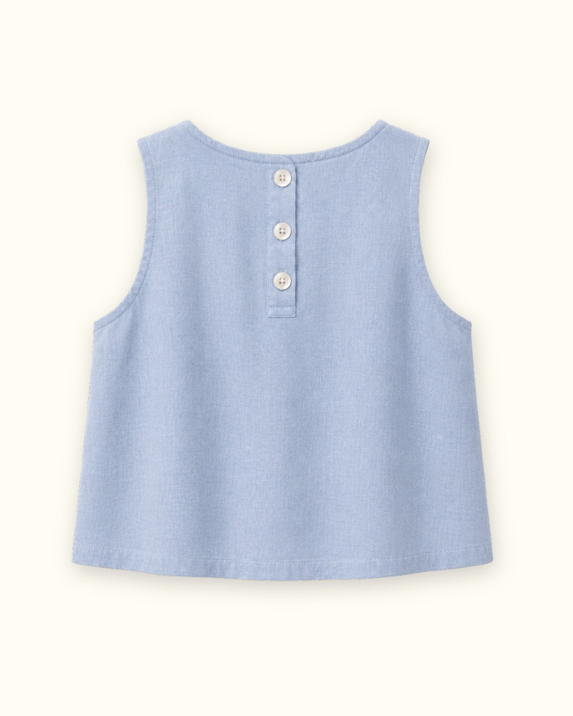 Top in lino senza maniche azzurro, vista posteriore, con scollo e linea senza maniche