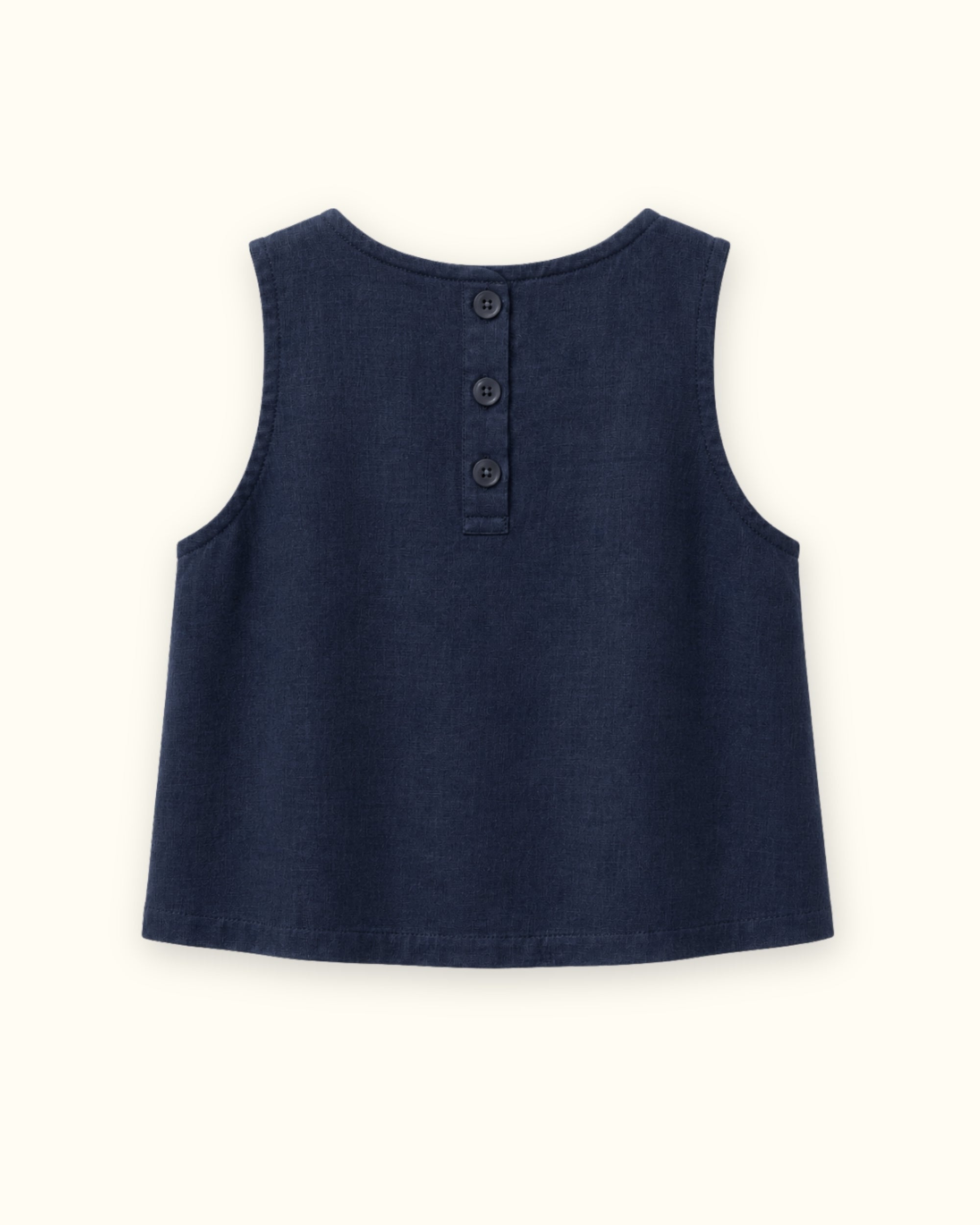 Top in lino senza maniche blu navy, vista posteriore, con scollo e linea senza maniche