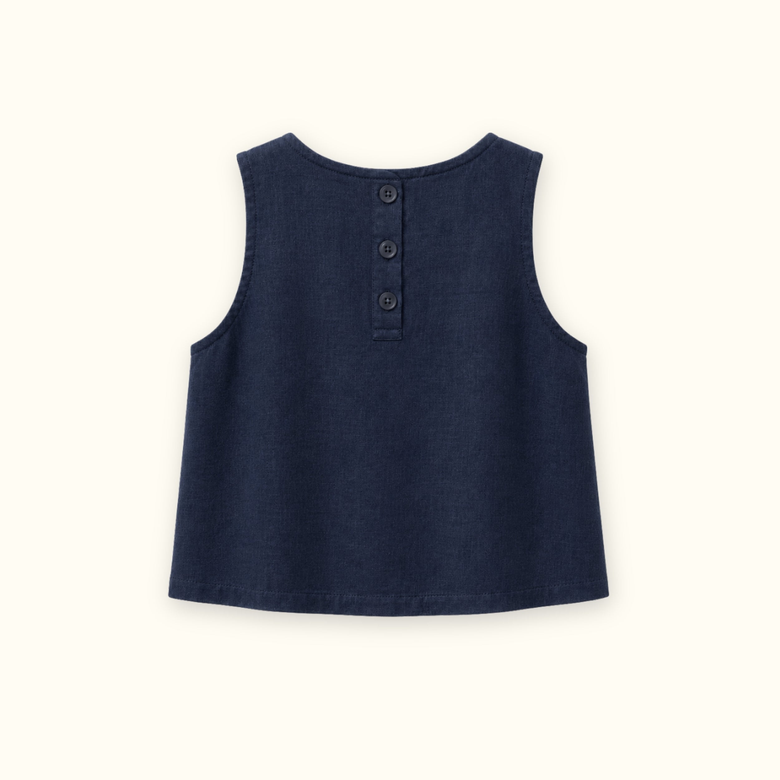 Sleeveless Linen Top in Navy Blue, back view, showing neckline and sleeveless shape