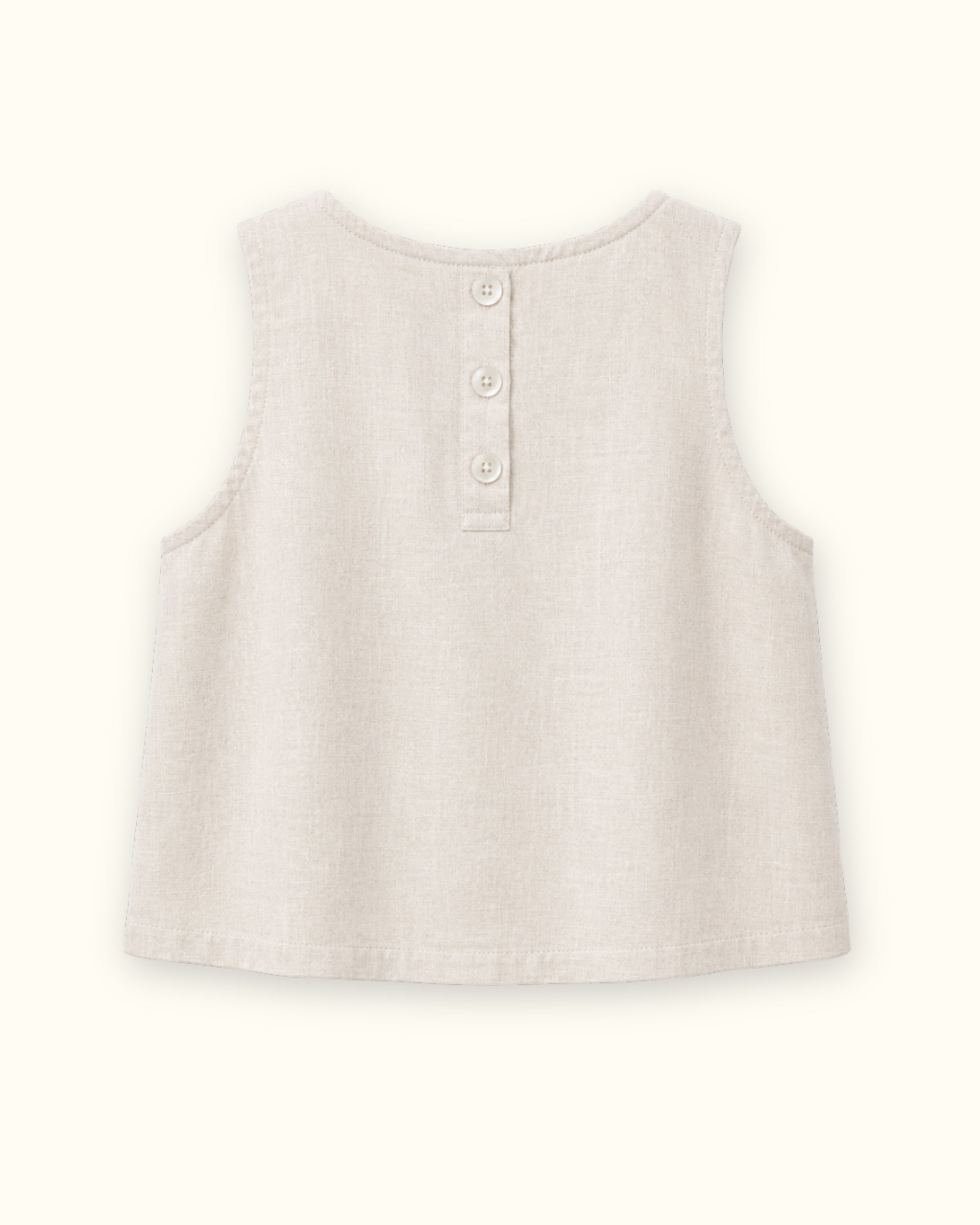Top in lino senza maniche Off White, vista posteriore, con scollo e linea senza maniche