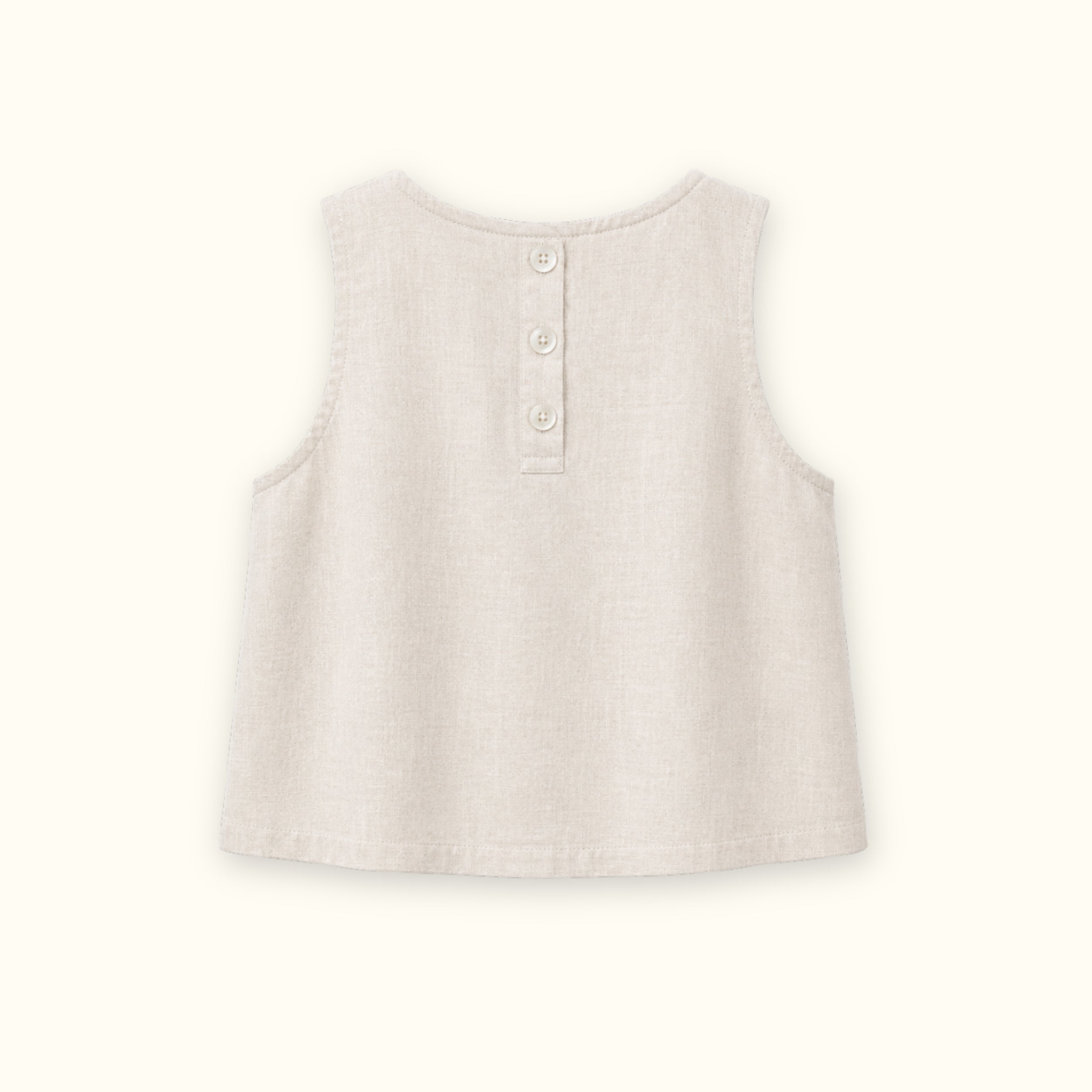Sleeveless Linen Top in Off White, back view, showing neckline and sleeveless shape