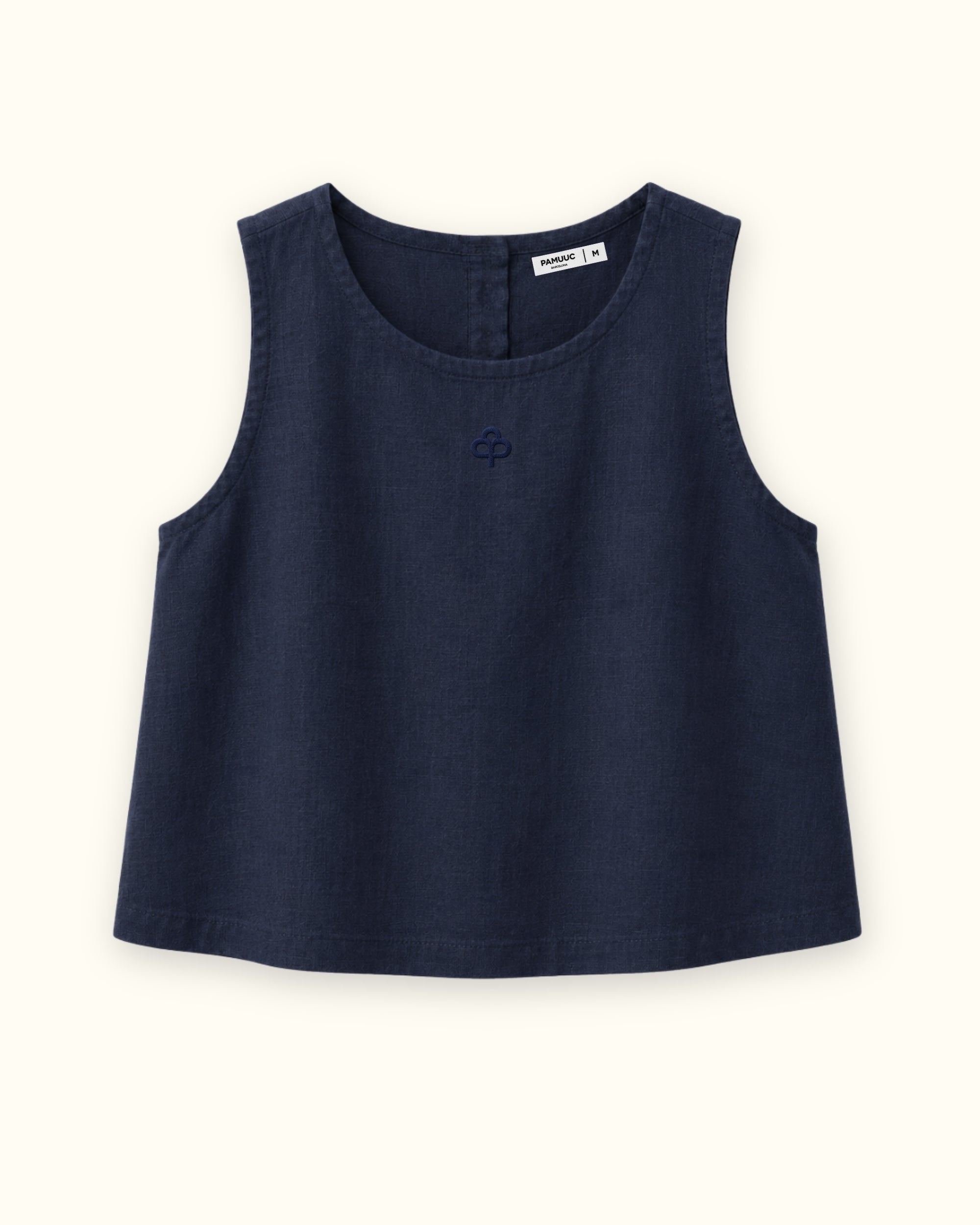 Top in lino senza maniche blu navy, vista frontale, con scollo e linea senza maniche