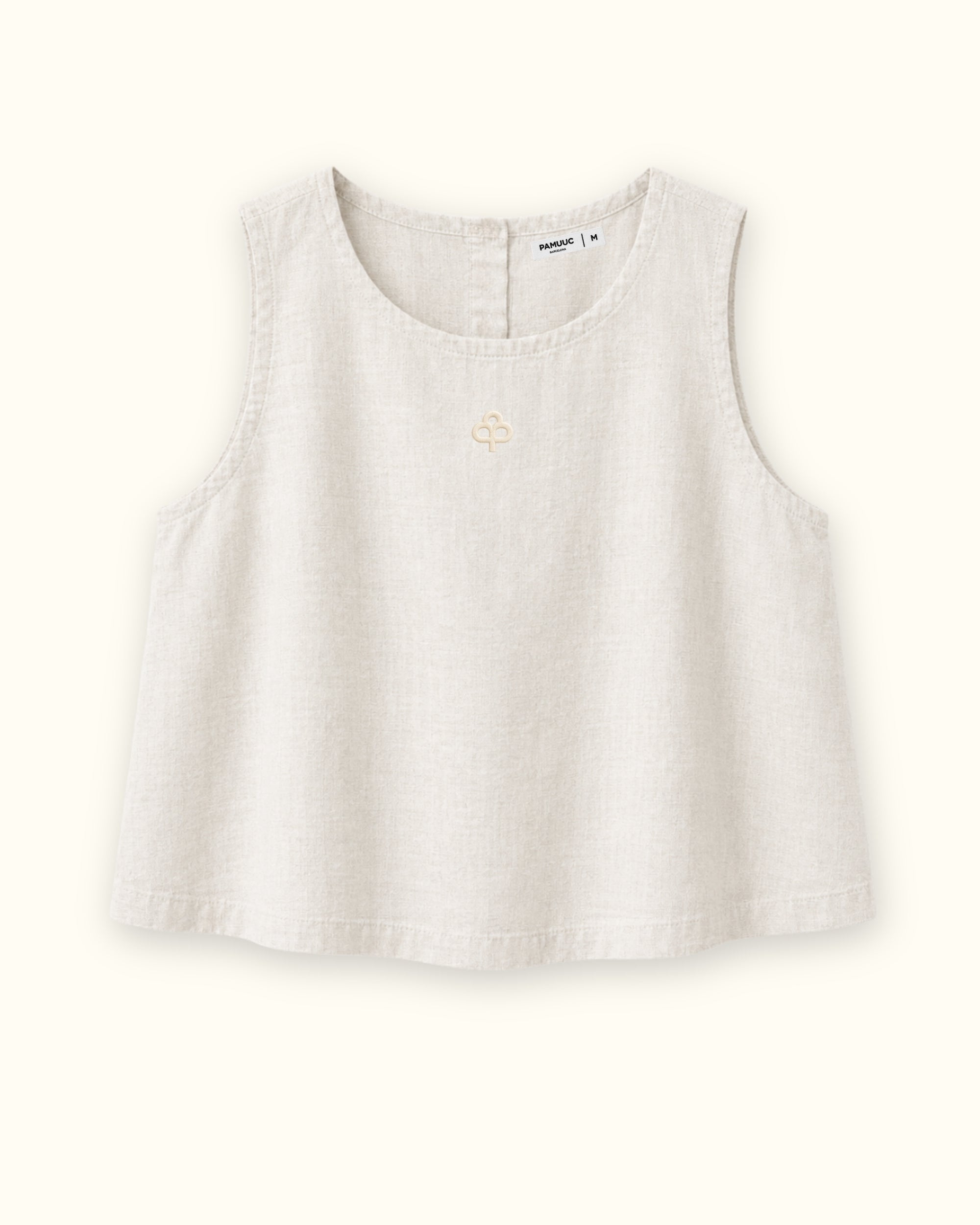 Top in lino senza maniche Off White, vista frontale, con scollo e linea senza maniche