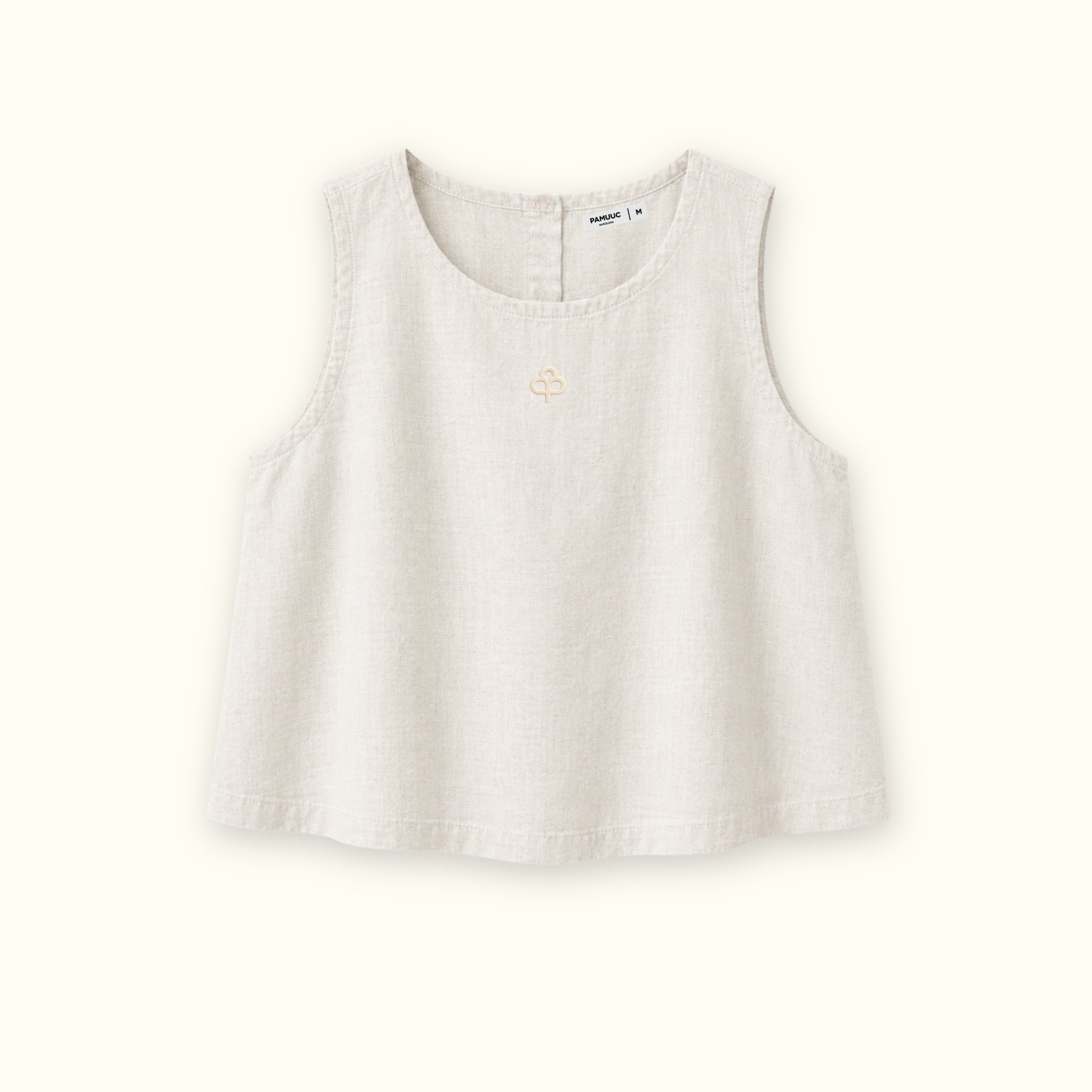 Sleeveless Linen Top in Off White, front view, showing neckline and sleeveless shape