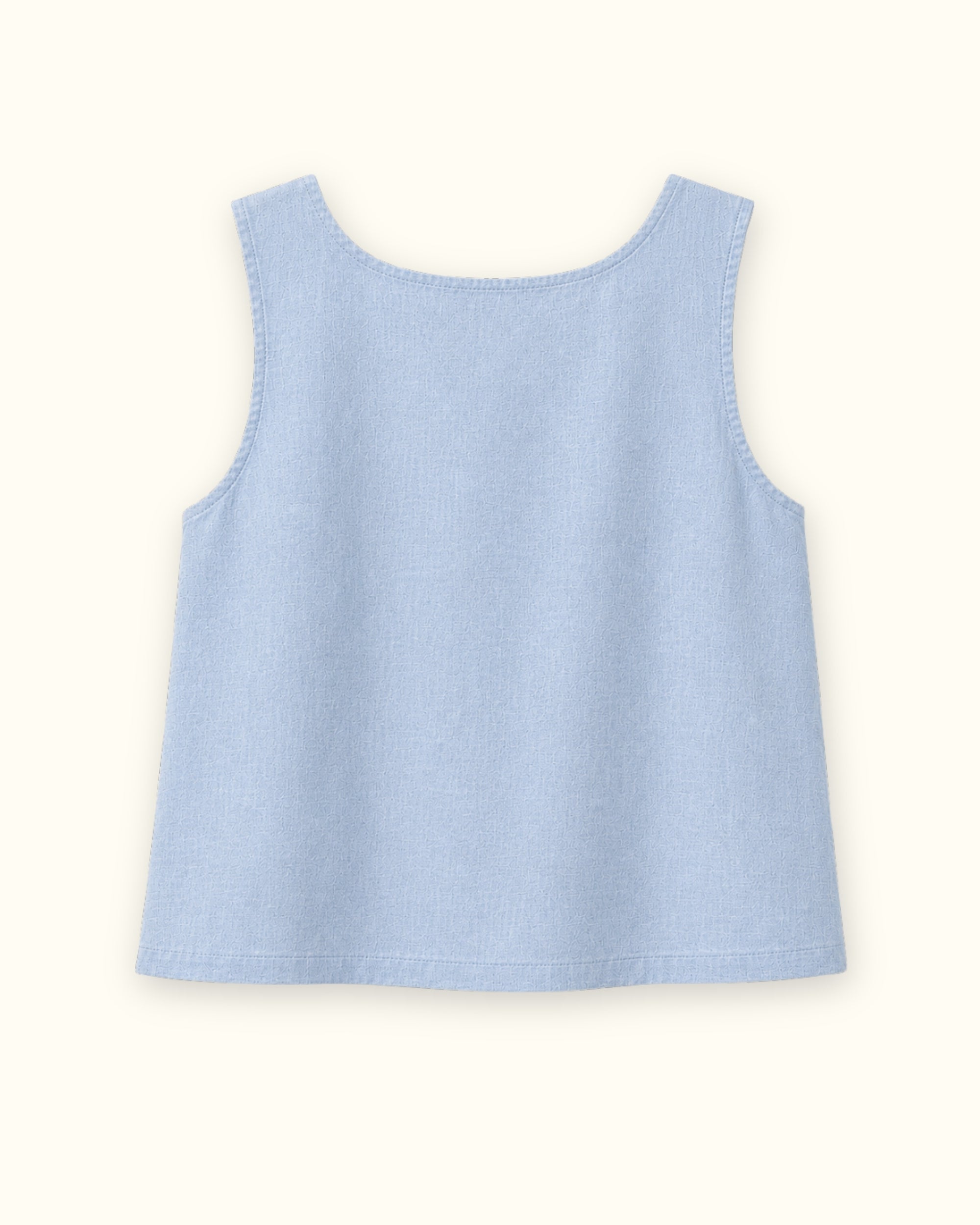 Top in lino con scollo quadrato azzurro, vista posteriore, con scollo e linea senza maniche