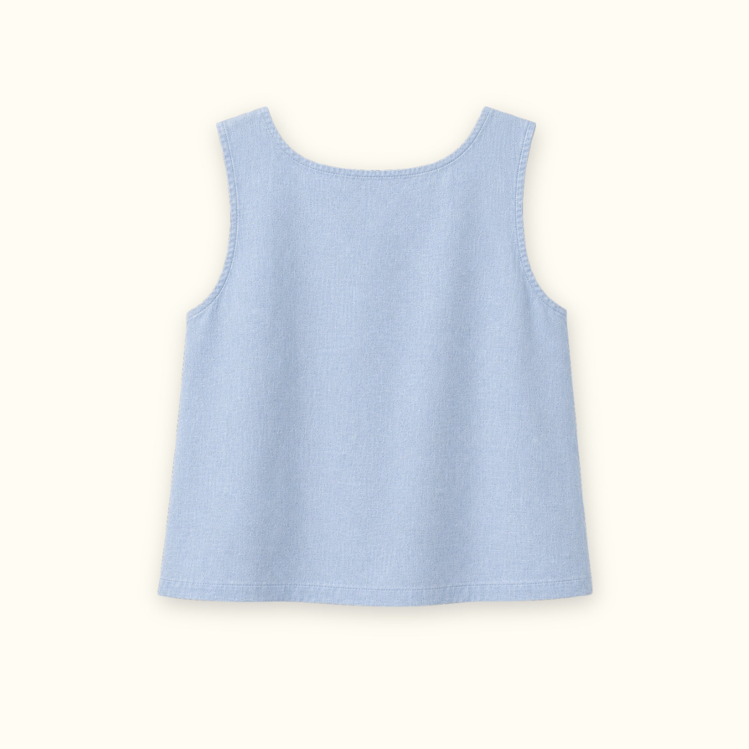 Square Neck Linen Top in Light Blue, back view, showing neckline and sleeveless shape
