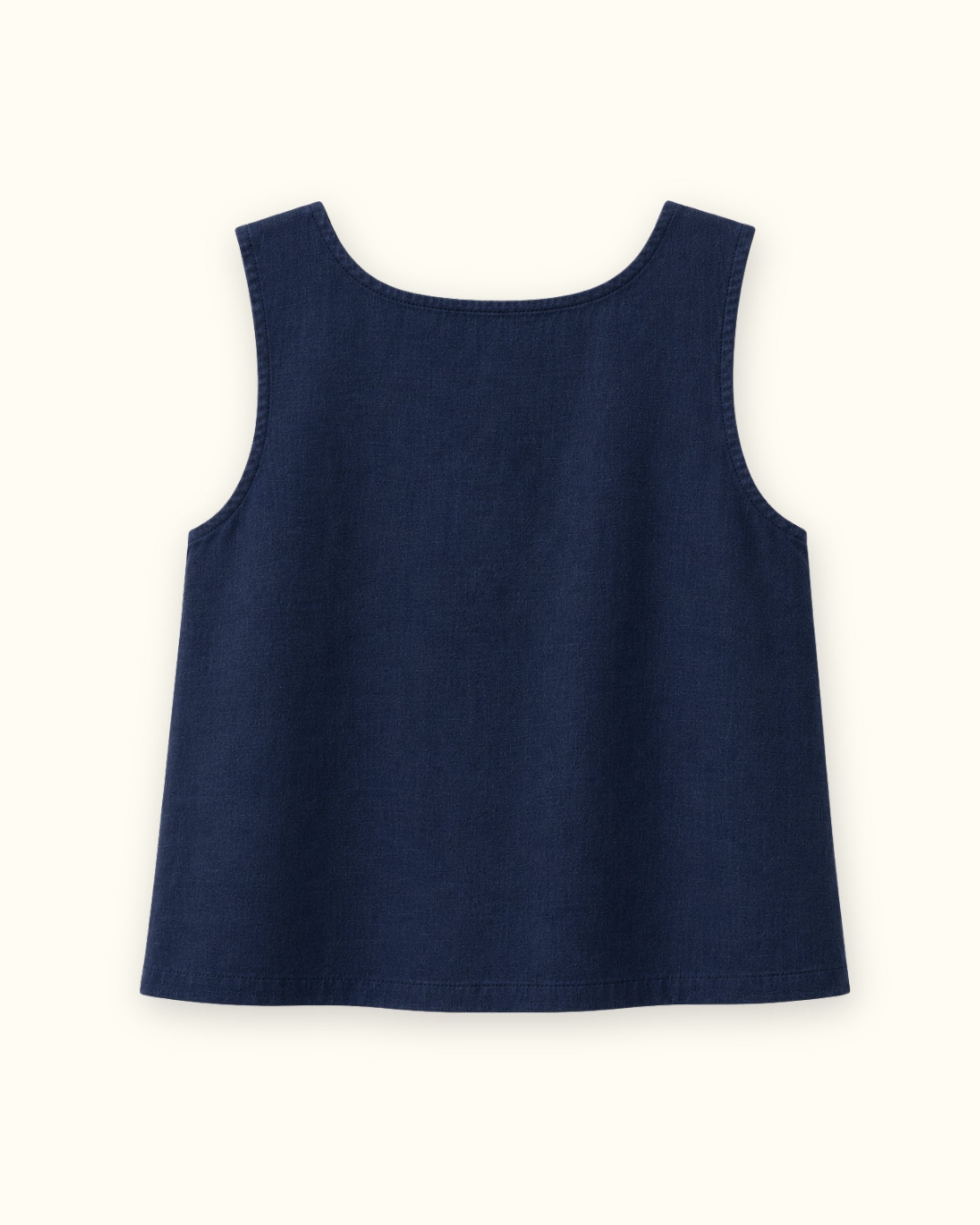 Top in lino con scollo quadrato blu navy, vista posteriore, con scollo e linea senza maniche