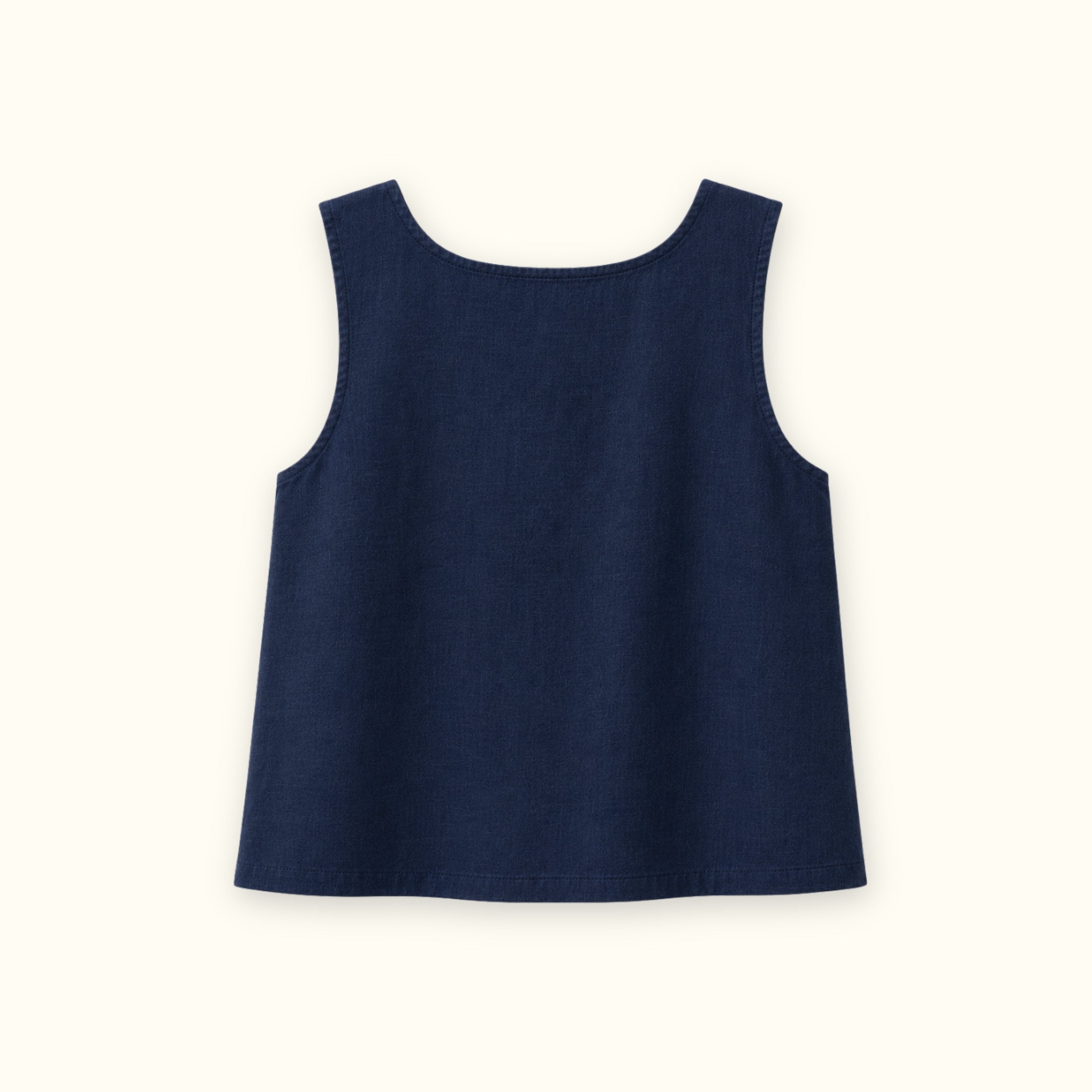 Square Neck Linen Top in Navy Blue, back view, showing neckline and sleeveless shape