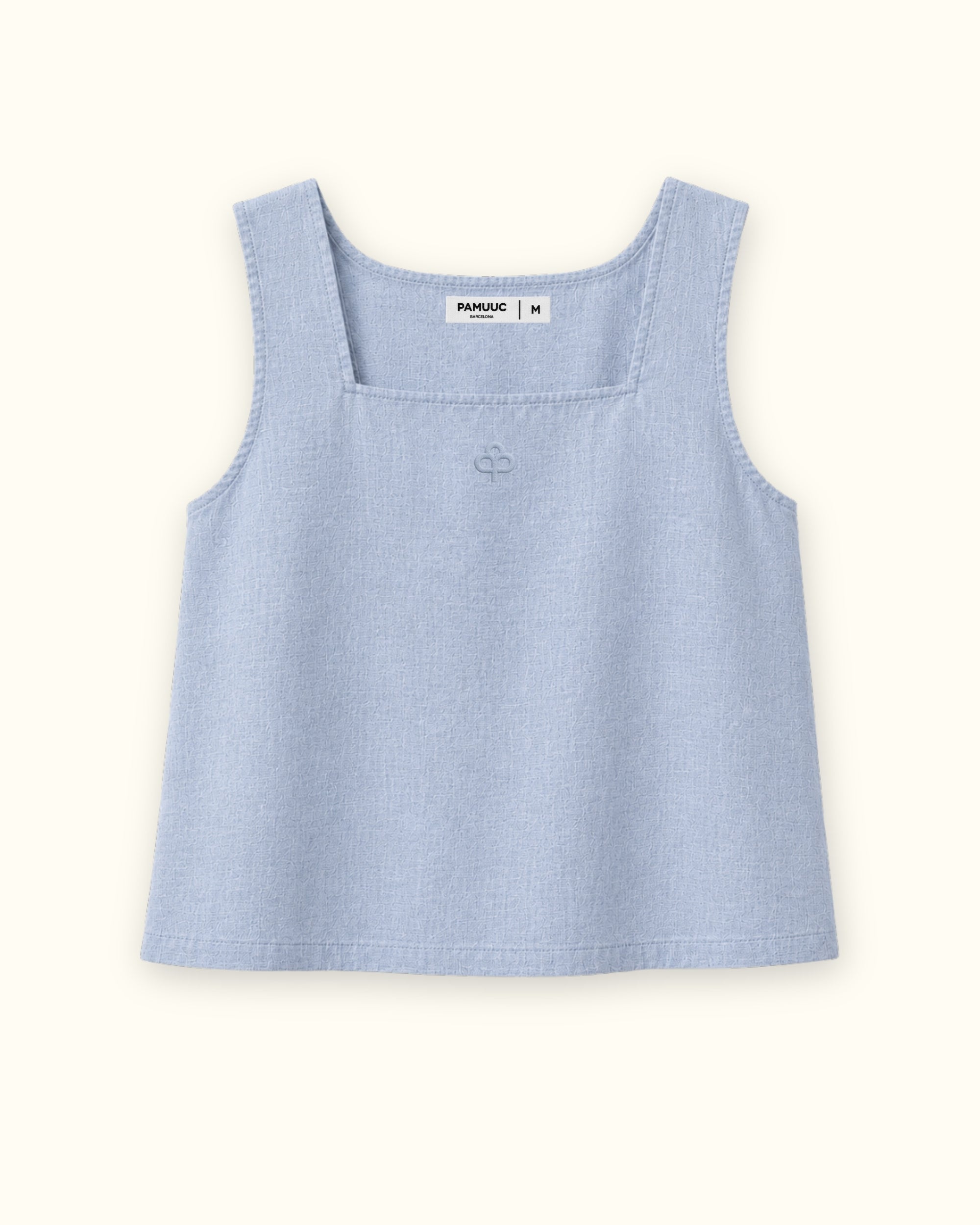 Top in lino con scollo quadrato azzurro, vista frontale, con scollo e linea senza maniche