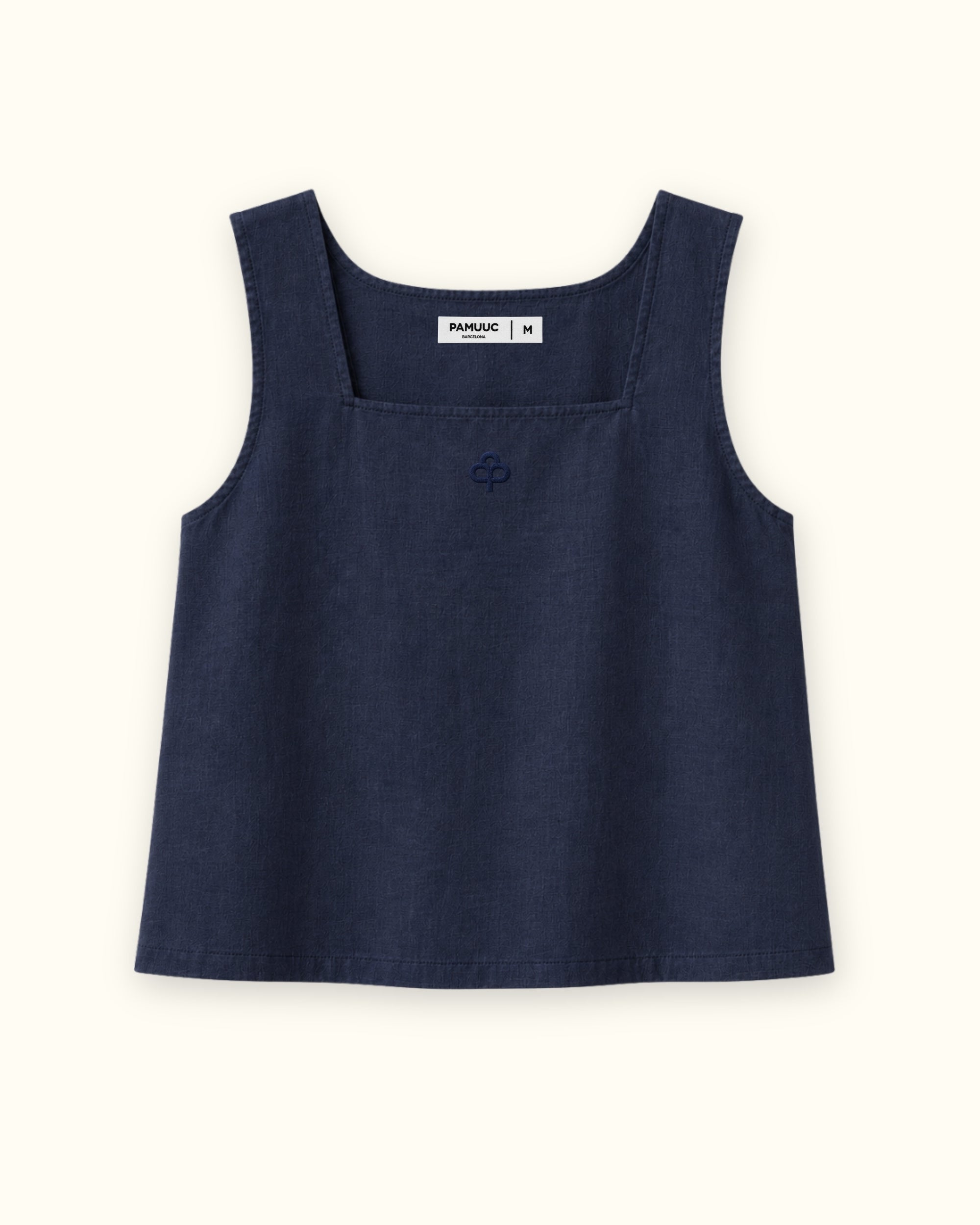 Top in lino con scollo quadrato blu navy, vista frontale, con scollo e linea senza maniche