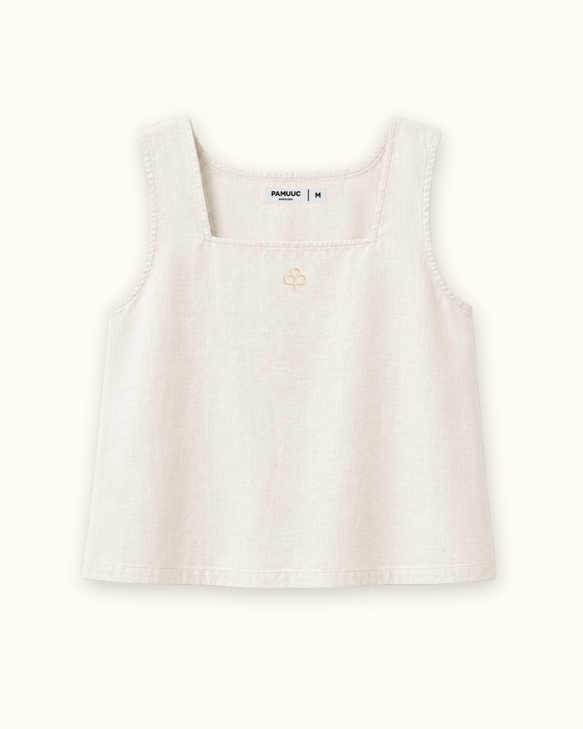 Top in lino con scollo quadrato Off White, vista frontale, con scollo e linea senza maniche