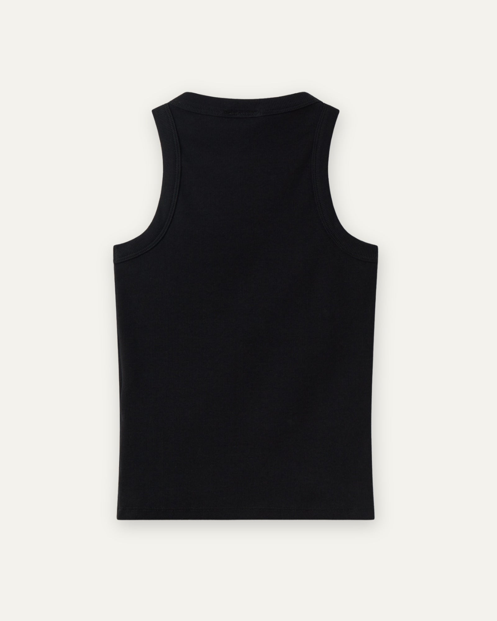 Black ribbed cotton tank top, alternate back view showing straight hem and smooth fitted silhouette