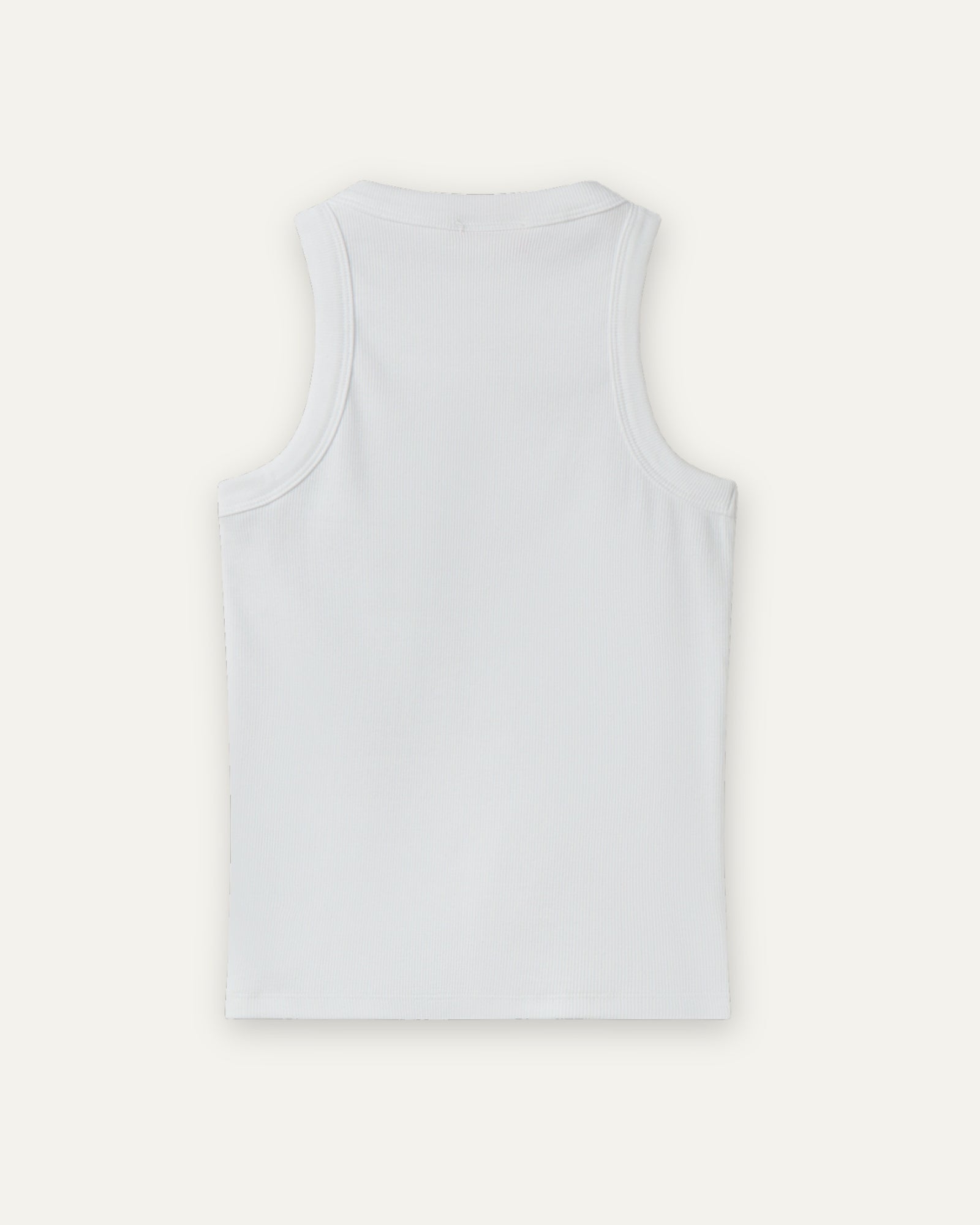 White ribbed cotton tank top, alternate back view showing straight hem and smooth fitted silhouette