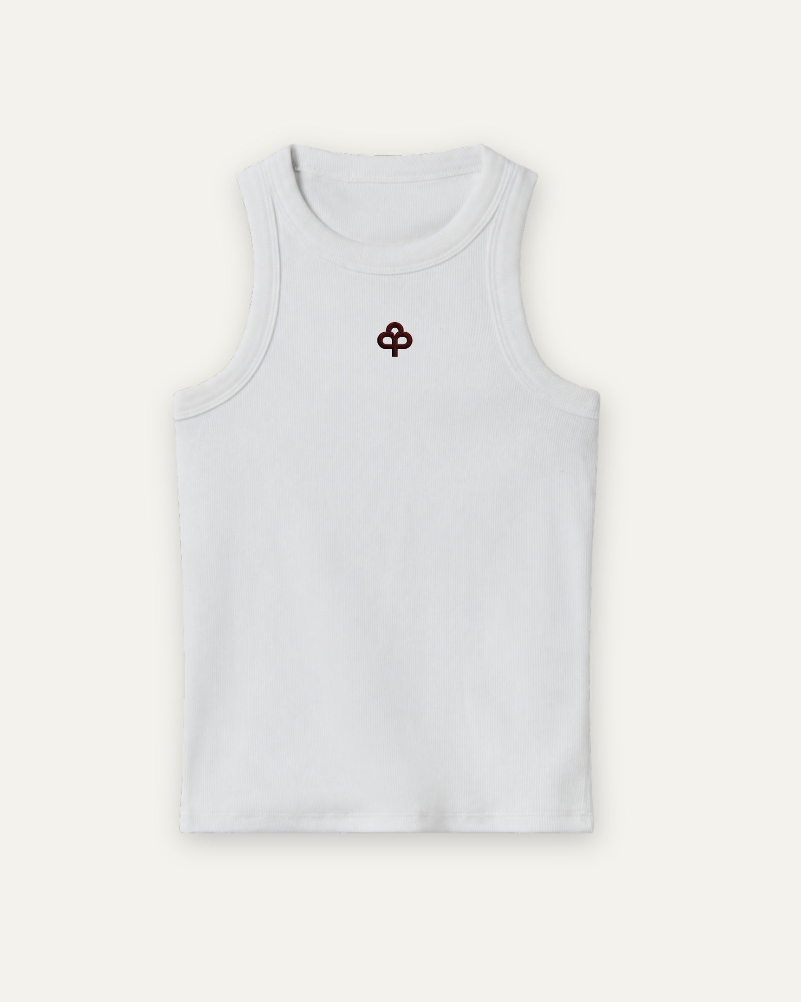 White ribbed cotton tank top, alternate front view showing reinforced neckline and armhole binding