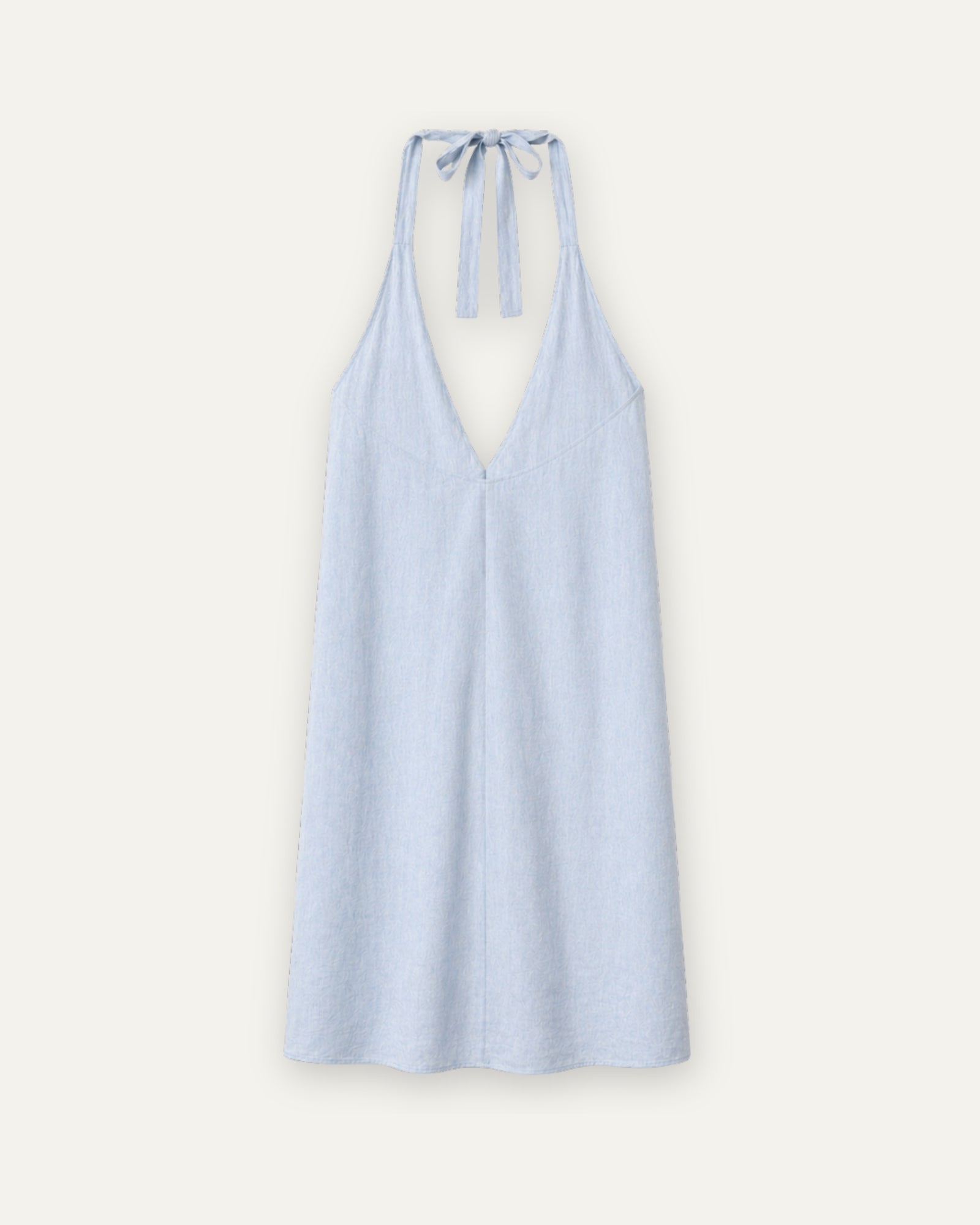 Vestito halter in lino azzurro, vista posteriore, con scollo e silhouette del vestito