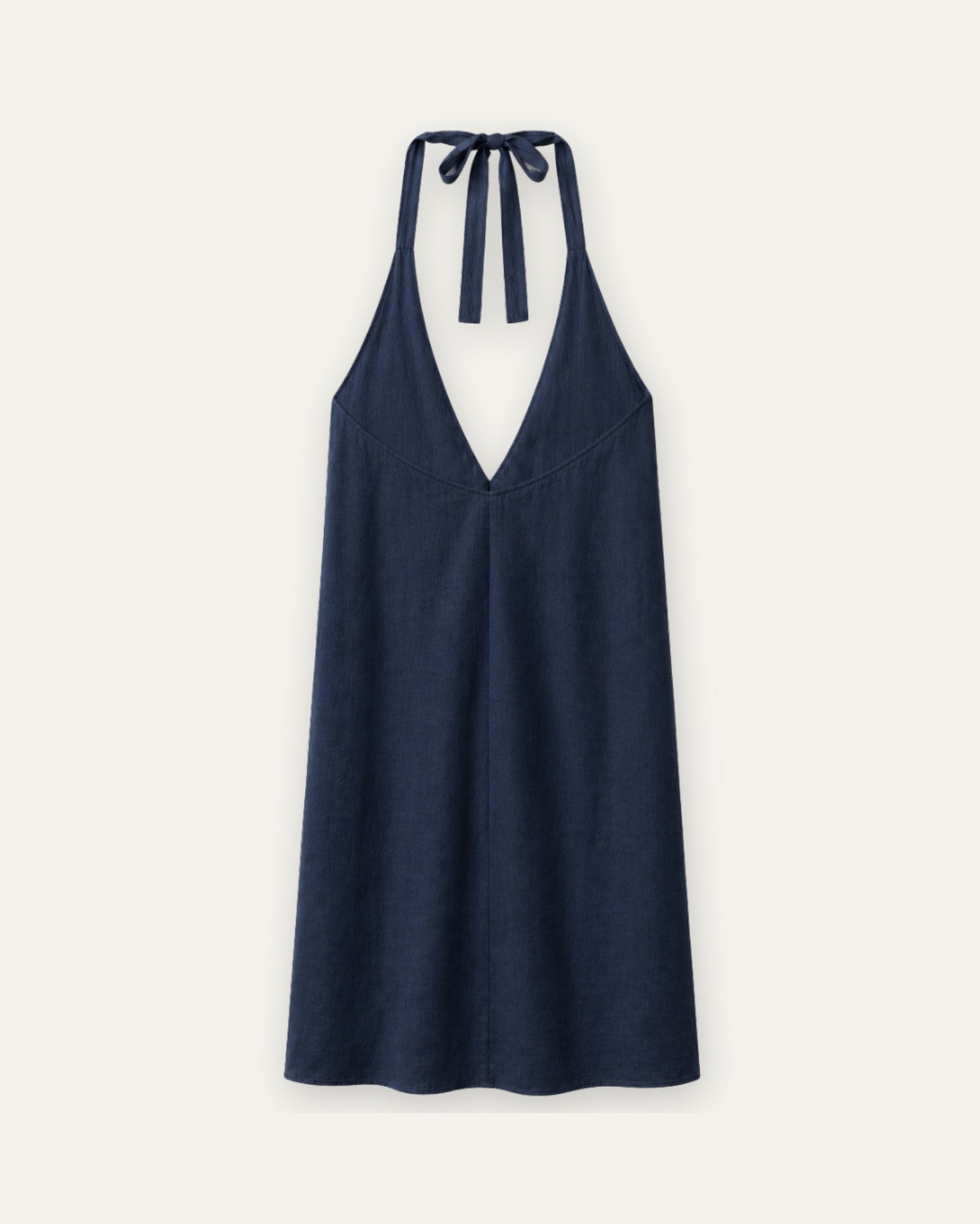 Vestito halter in lino blu navy, vista posteriore, con scollo e silhouette del vestito