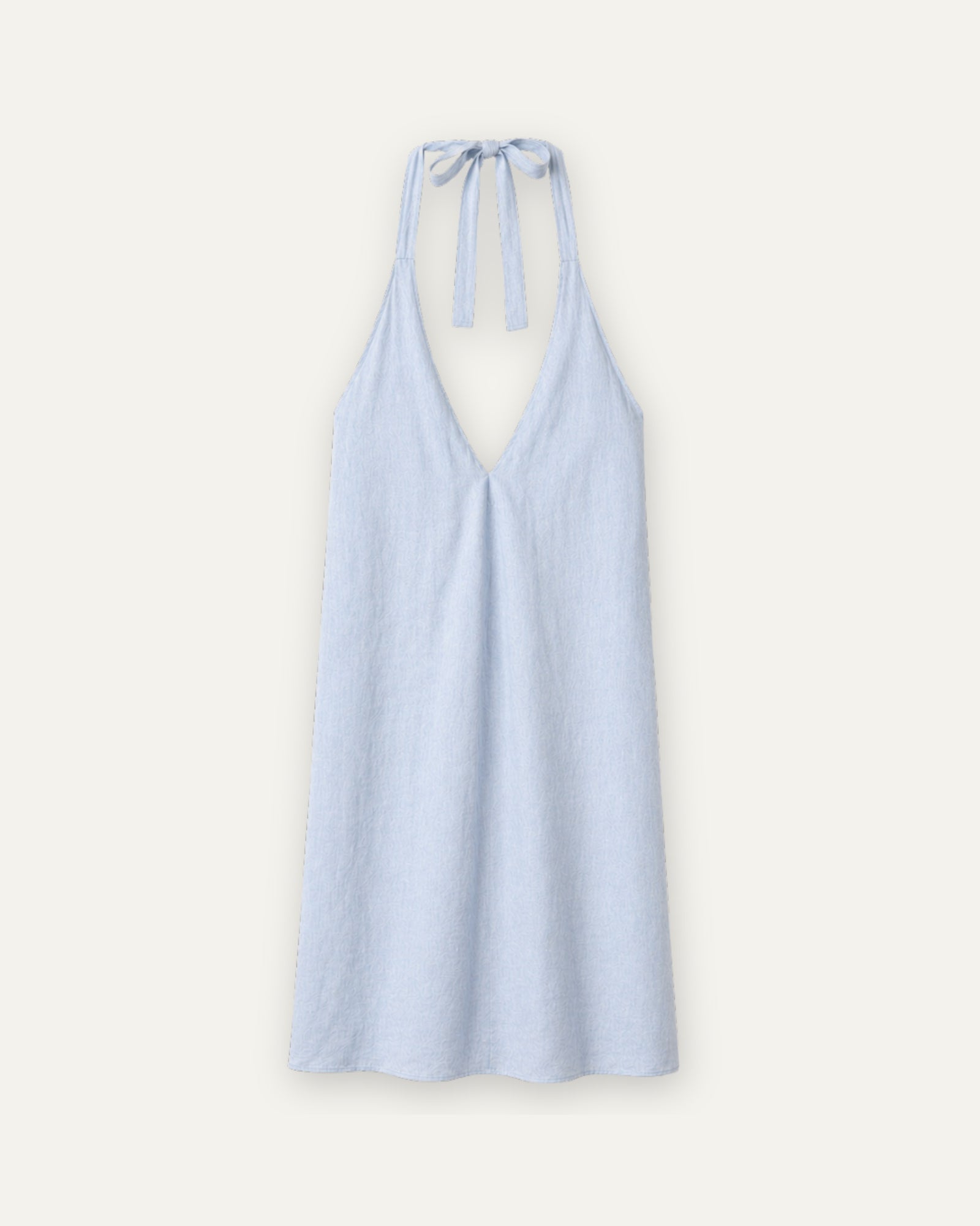 Vestito halter in lino azzurro, vista frontale, con scollo e silhouette del vestito