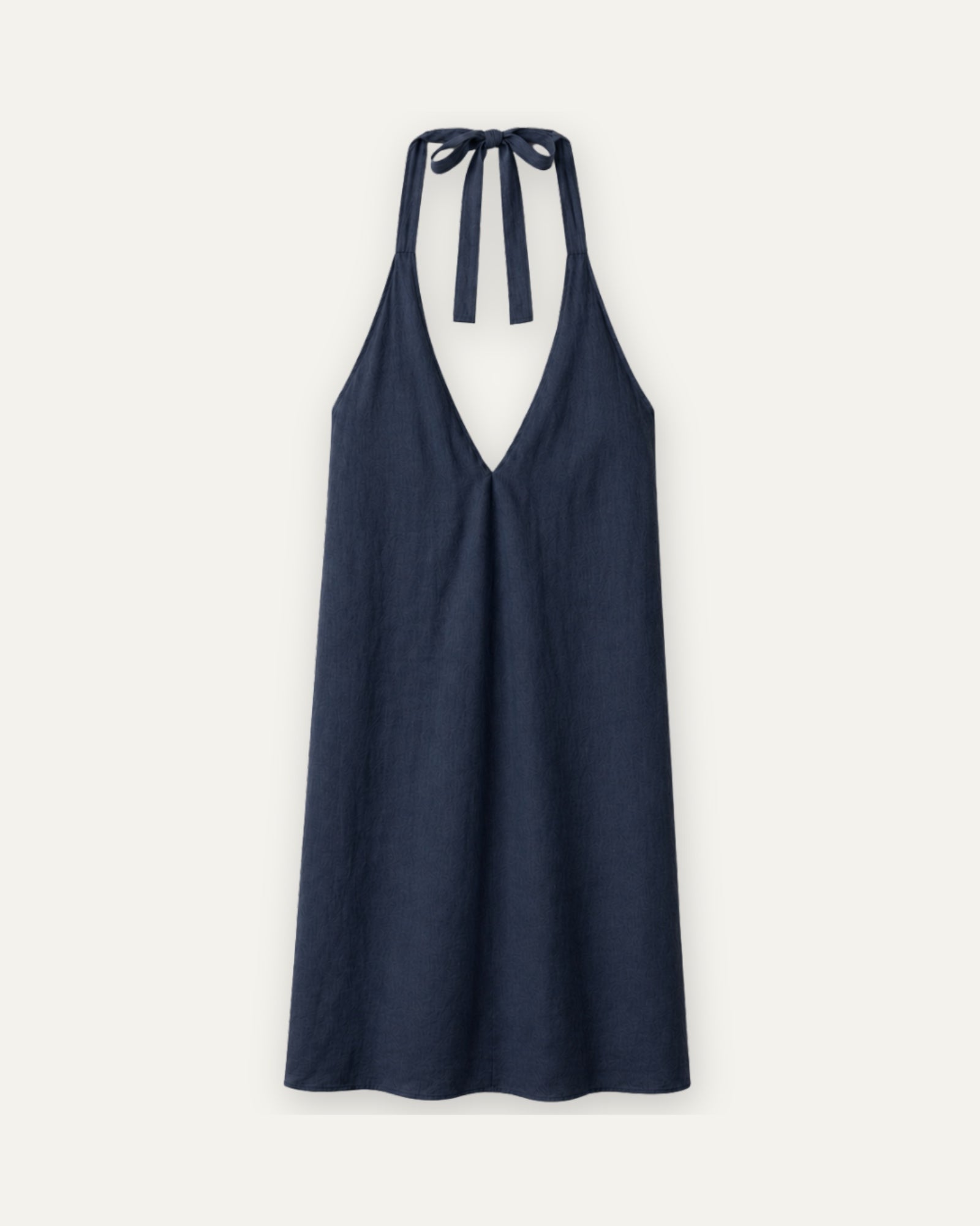 Vestito halter in lino blu navy, vista frontale, con scollo e silhouette del vestito