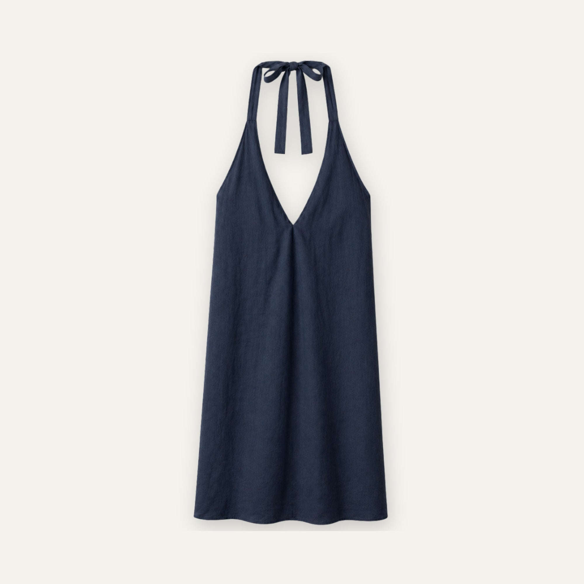 Linnen halterjurk in Marineblauw, vooraanzicht, met halslijn en jurksilhouet