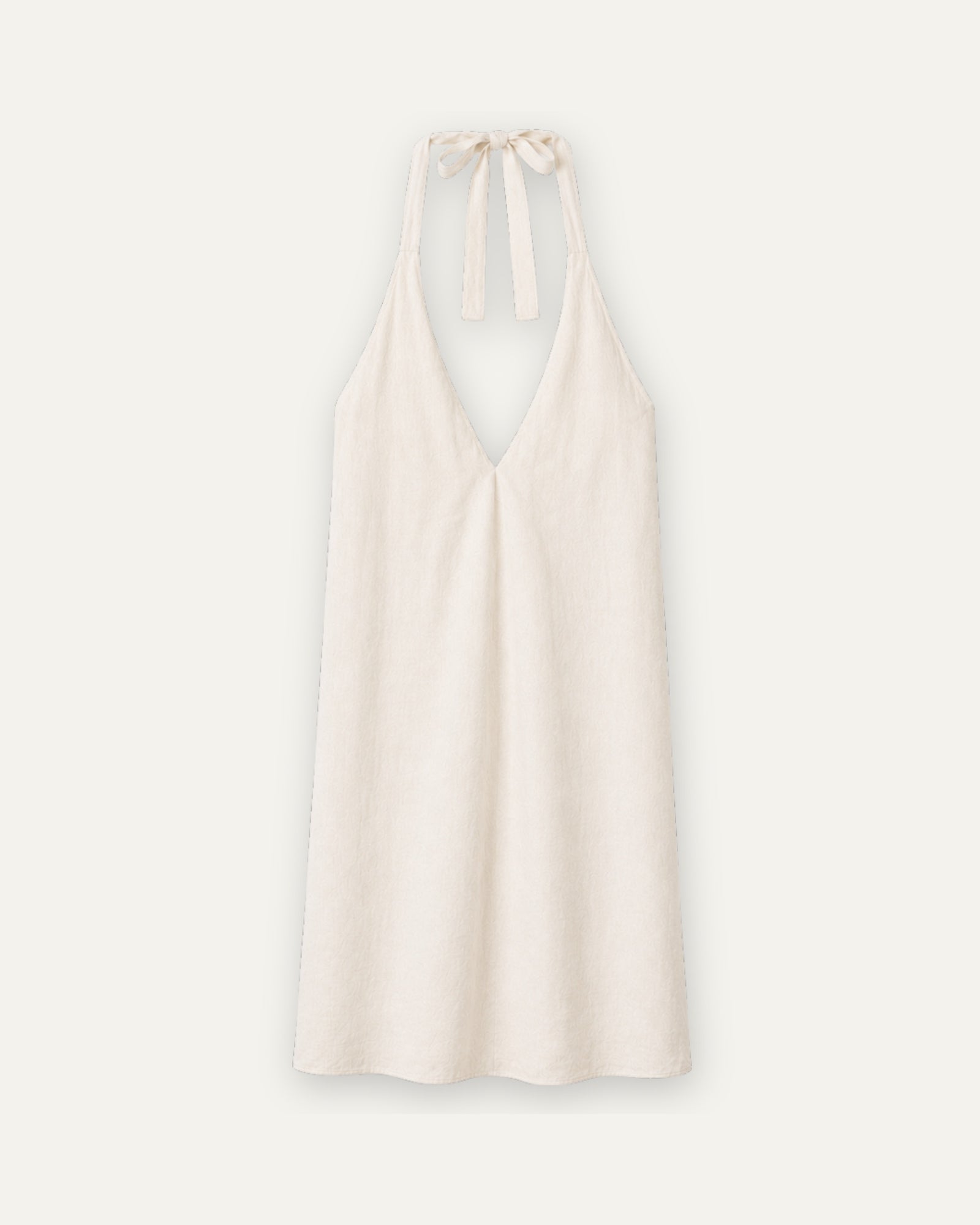Vestito halter in lino Off White, vista frontale, con scollo e silhouette del vestito