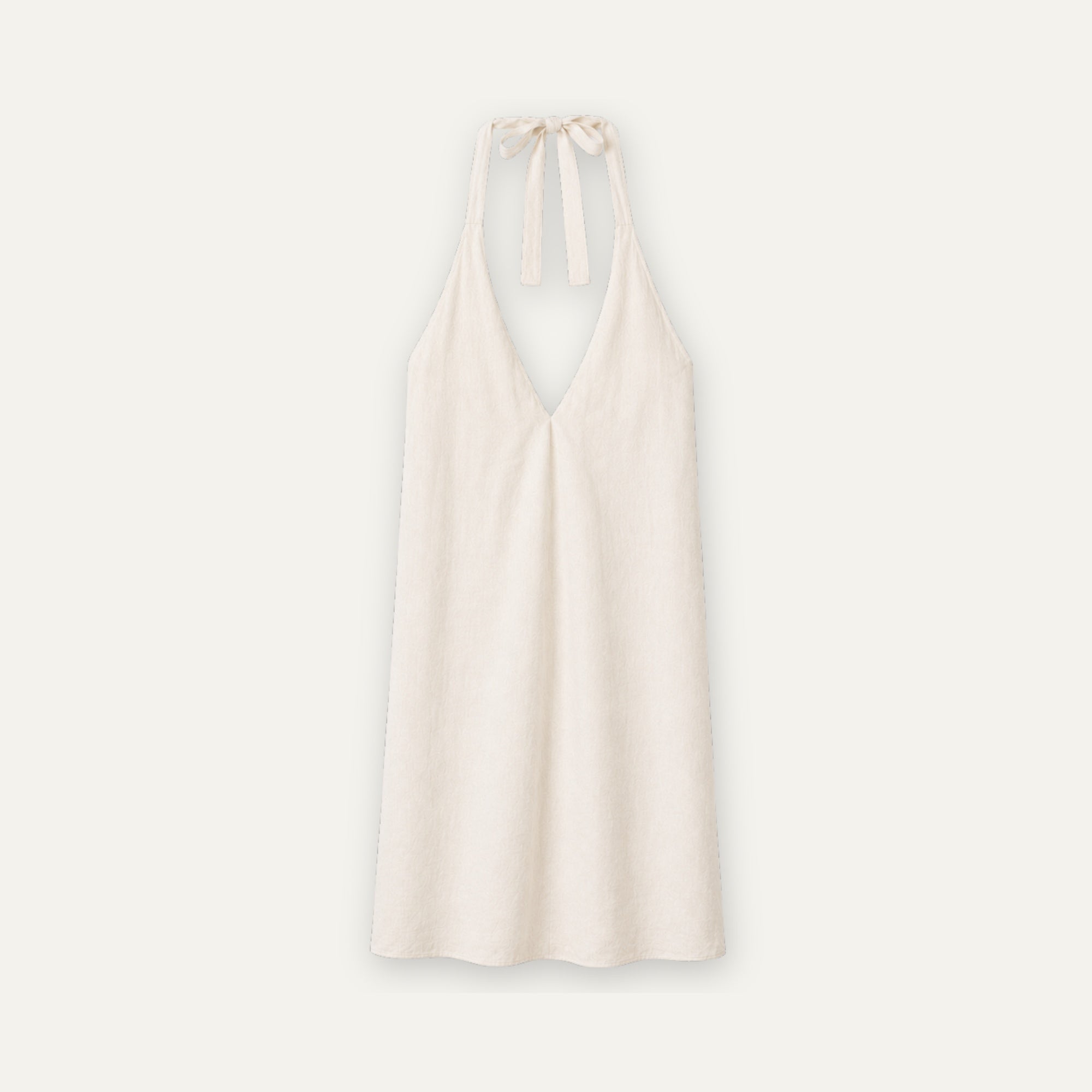 Linnen halterjurk in Off white, vooraanzicht, met halslijn en jurksilhouet