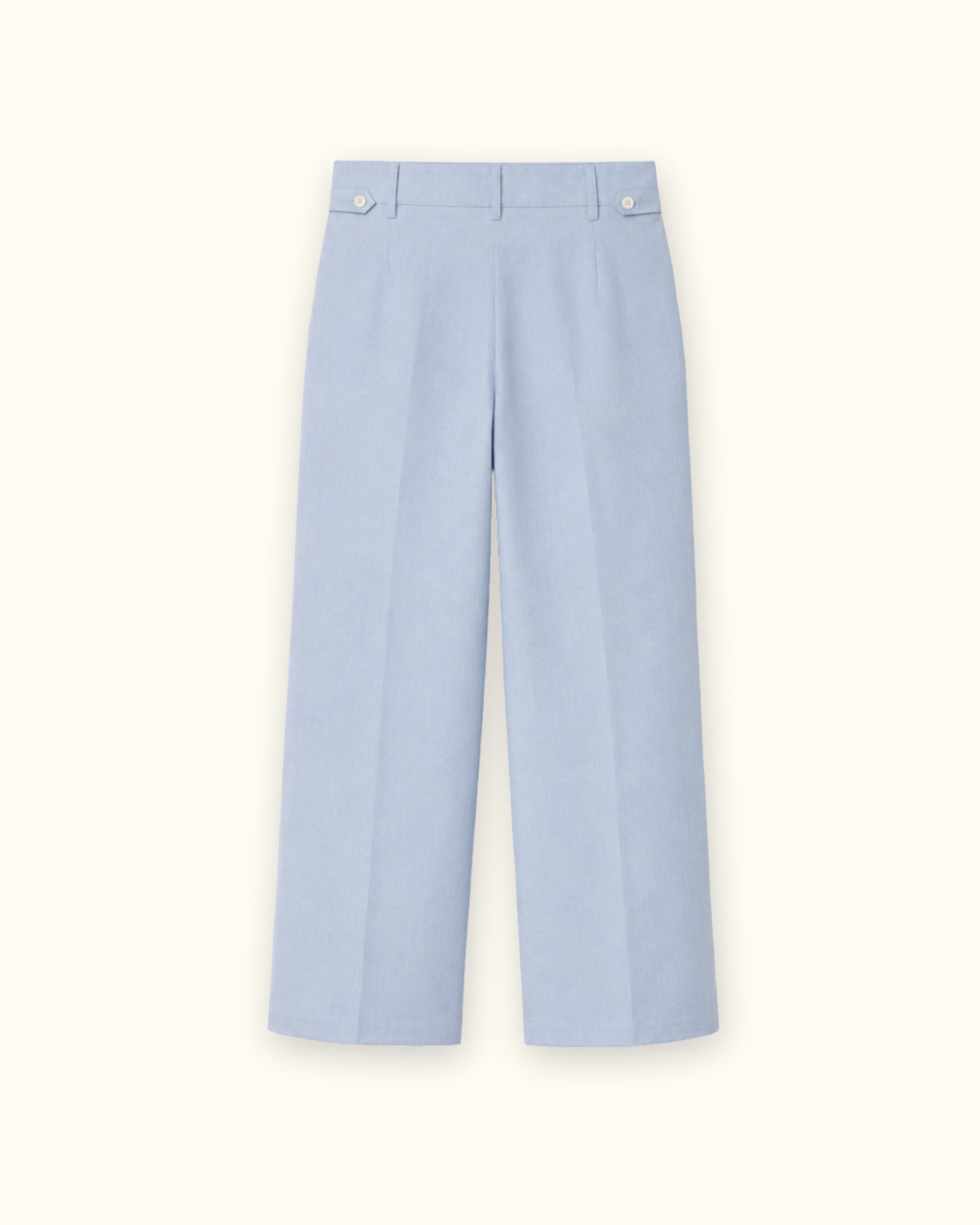 Pantaloni in lino straight leg azzurri, vista posteriore, con pince e linea dellstraight leg